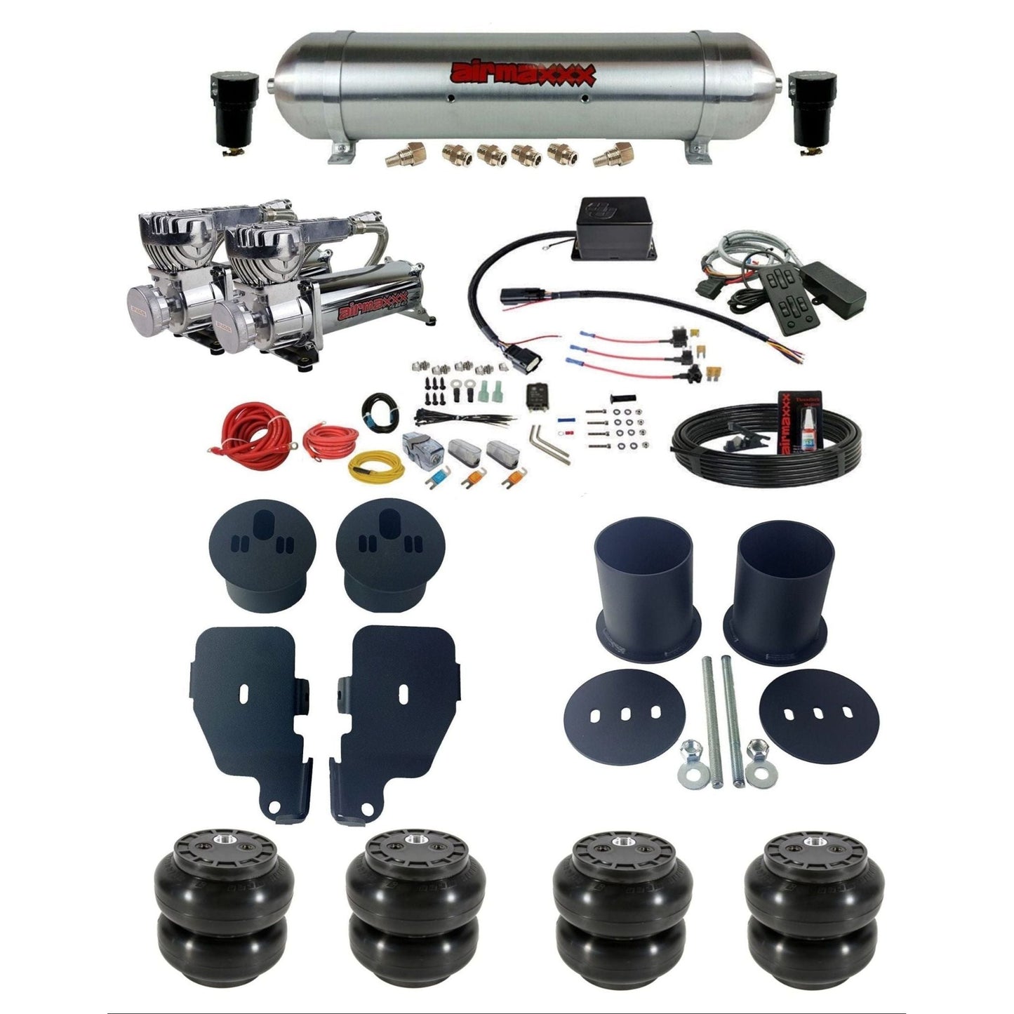 Slam Specialties dual chrome 580 compressors raw aluminum tank & slam bags air ride kit for 1965–70 Impala KIMP65-580C2-57ARAW-SV8CMC1-WK-HFSS6