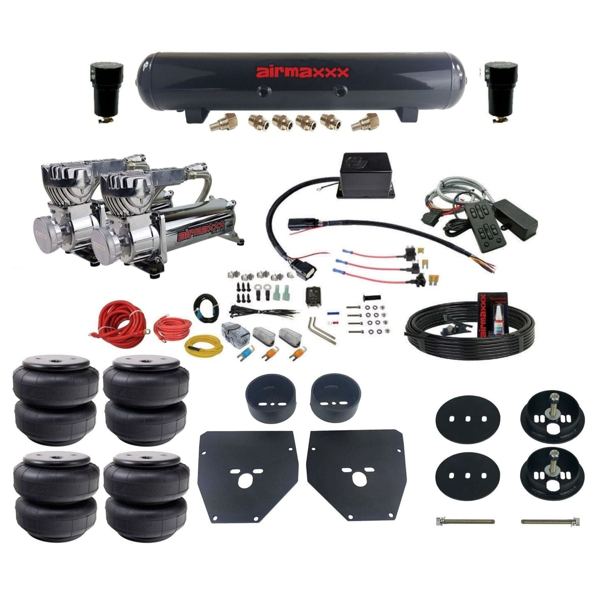 Slam Specialties dual chrome 580 compressors steel tank airlift bags air ride kit for 1963–72 Chevy C10 KC1063-580C2-57S-SV8CMC1-WK-HFD26