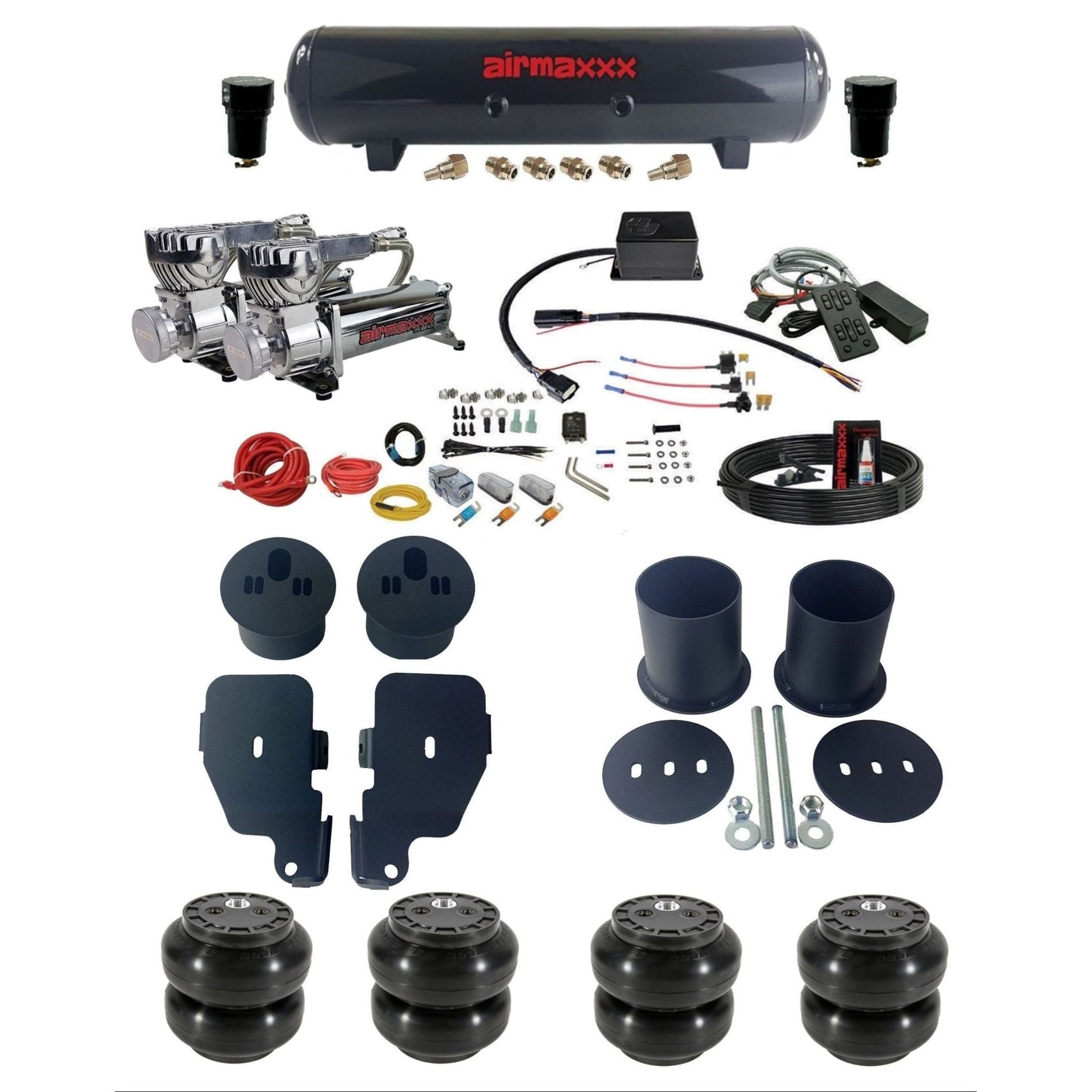 Slam Specialties dual chrome 580 compressors steel tank & slam bags air ride kit for 1965–70 Impala KIMP65-580C2-57S-SV8CMC1-WK-HFSS6