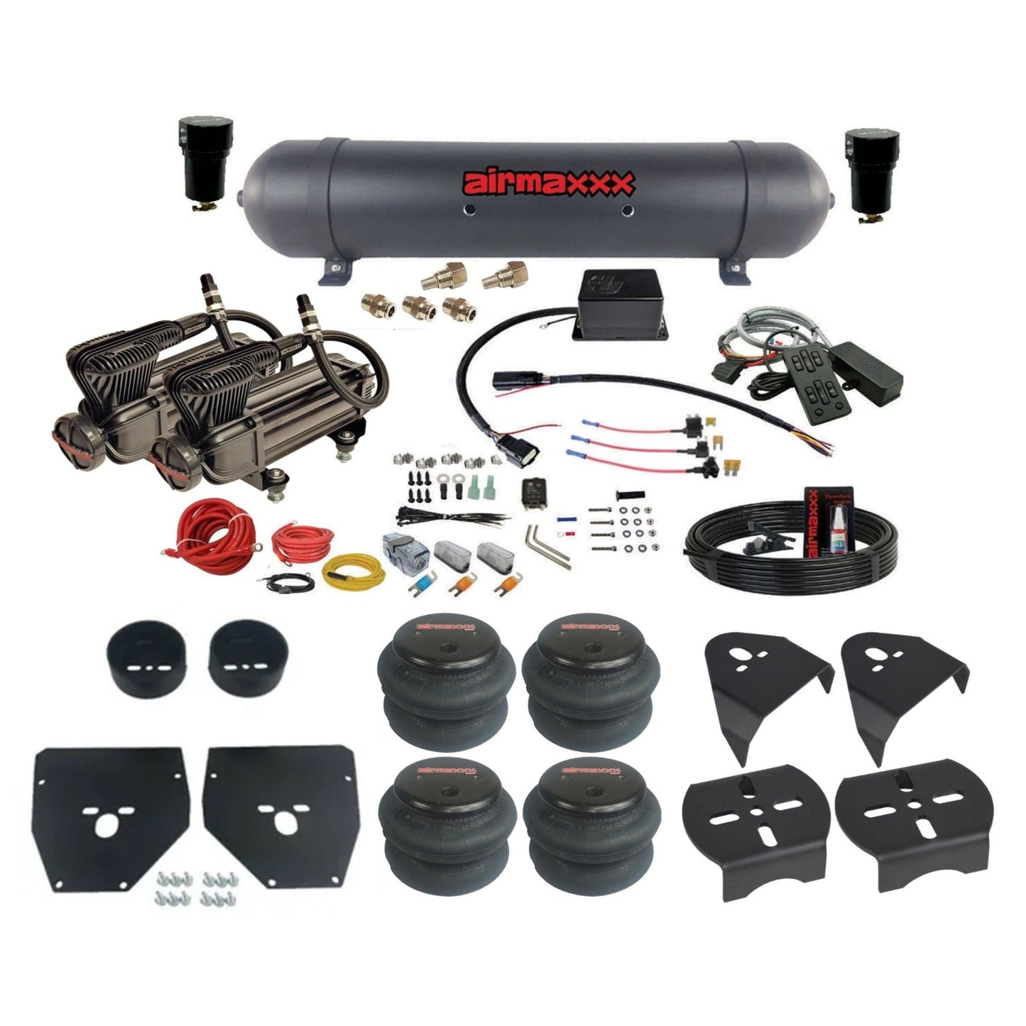 Slam Specialties dual x-series  compressors aluminum tank 2600 bags air ride kit fits 1973–87 Chevy/GMC C10 KC1073-XB2-57ABLK-SV8CMC1-WK-HF