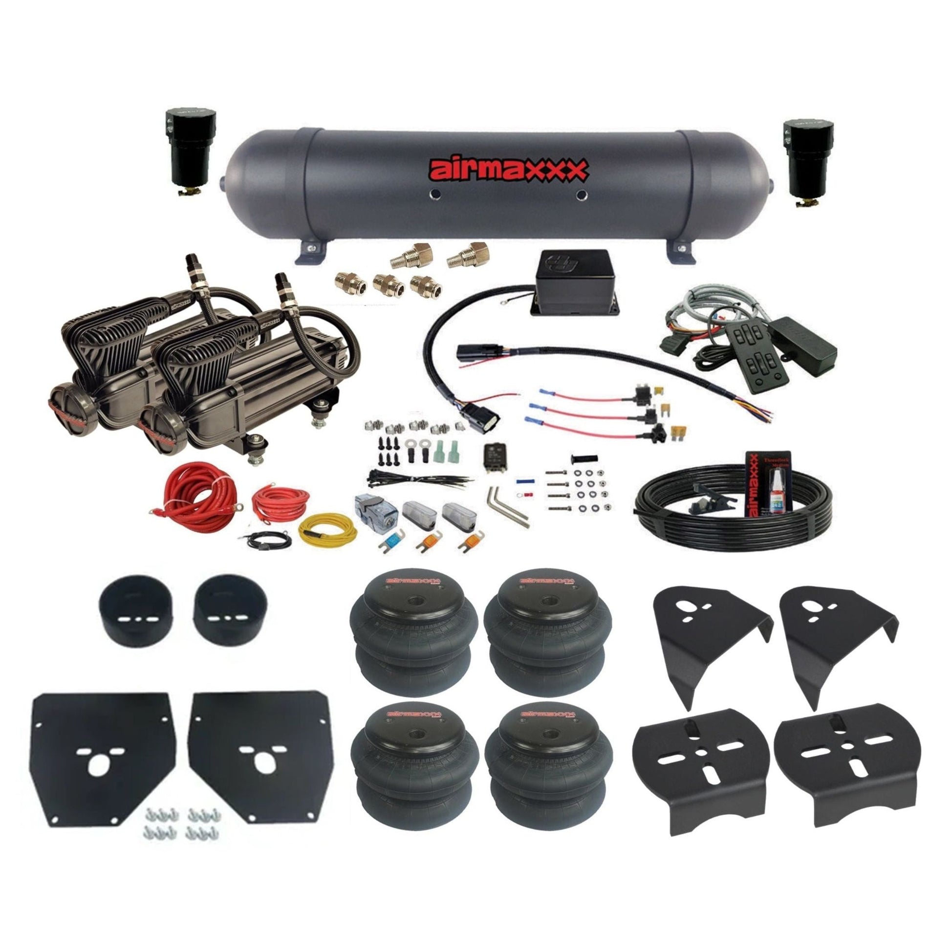 Slam Specialties dual x-series  compressors aluminum tank 2600 bags air ride kit fits 1973–87 Chevy/GMC C10 KC1073-XB2-57ABLK-SV8CMC1-WK-HF