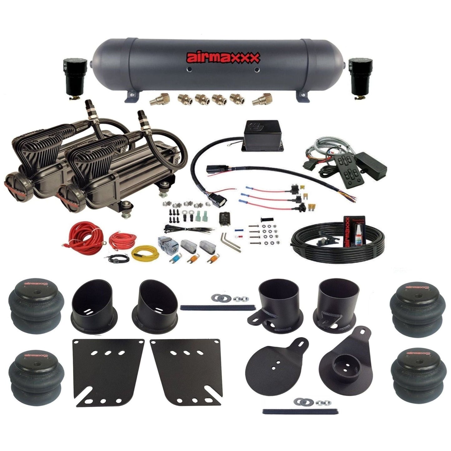 Slam Specialties dual x-series compressors aluminum tank 2600 bags air ride kit for 1958–64 Chevy Impala KIMP58-XB2-57ABK-SV8CMC1-WK-HF