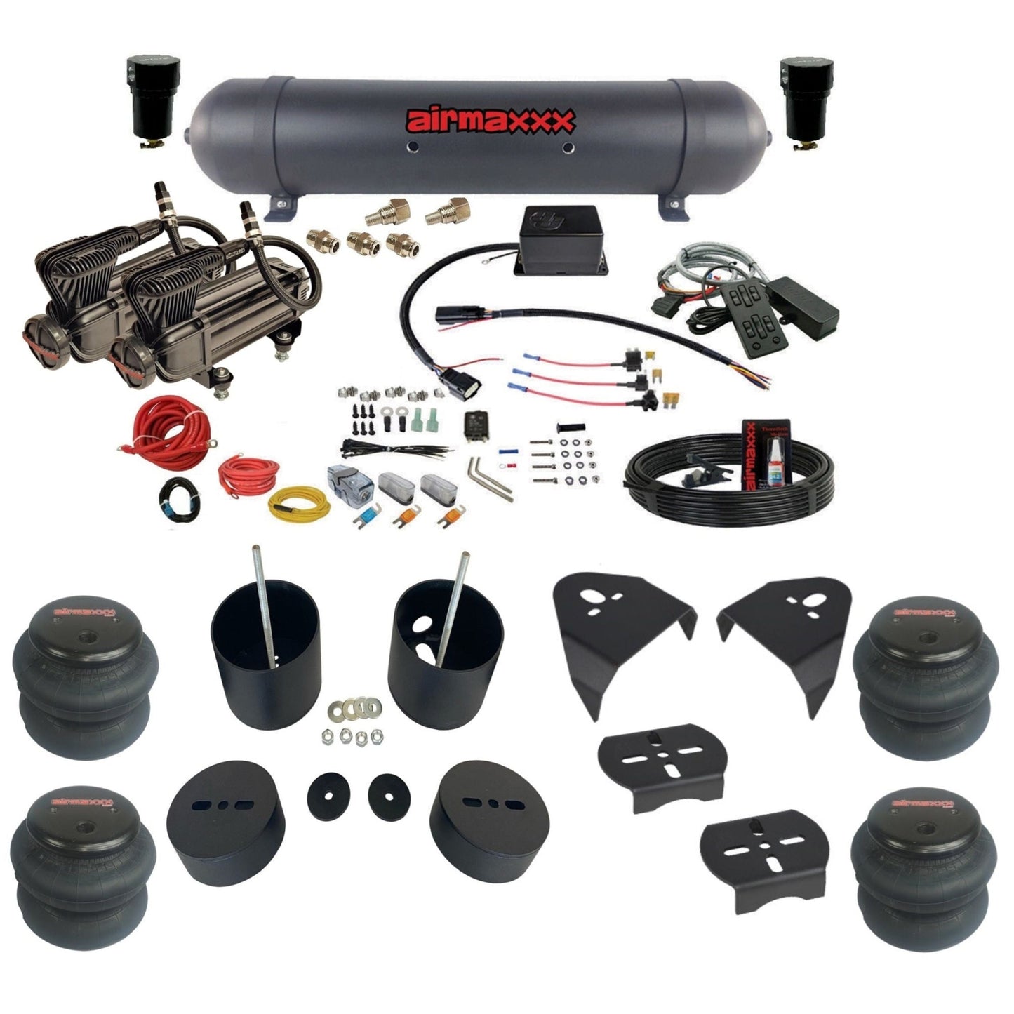 Slam Specialties dual x-series compressors aluminum tank 2600 bags air ride kit for 1999–2006 Silverado/Sierra KGM99-XB2-57ABK-SV8CMC1-WK-HF