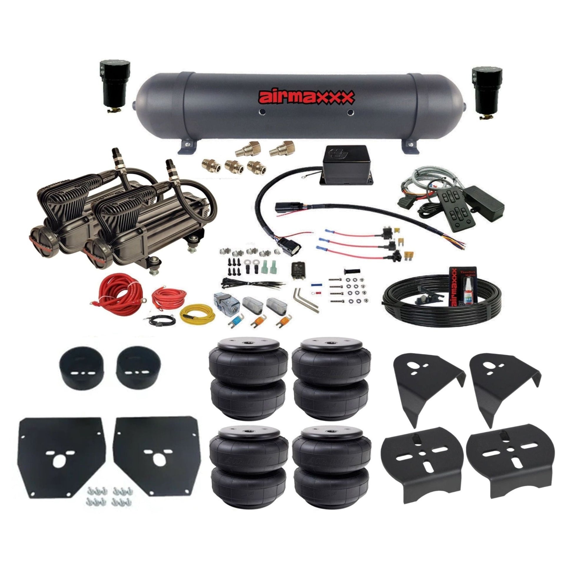 Slam Specialties dual x-series  compressors aluminum tank airlift bags air ride kit fits 1973–87 Chevy/GMC C10 KC1073-XB2-57ABLK-SV8CMC1-WK-HFD26