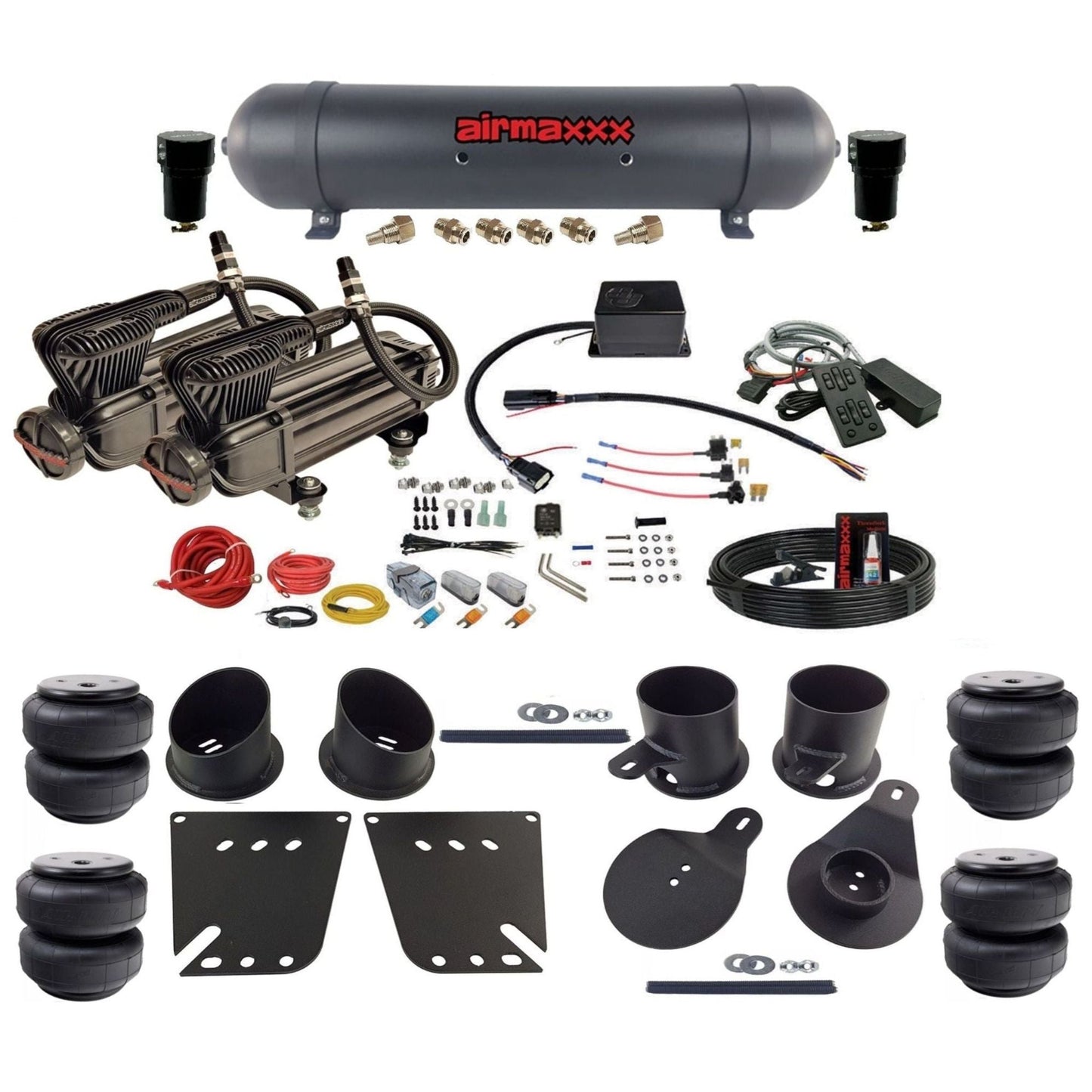 Slam Specialties dual x-series compressors aluminum tank airlift bags air ride kit for 1958–64 Chevy Impala KIMP58-XB2-57ABK-SV8CMC1-WK-HFD25