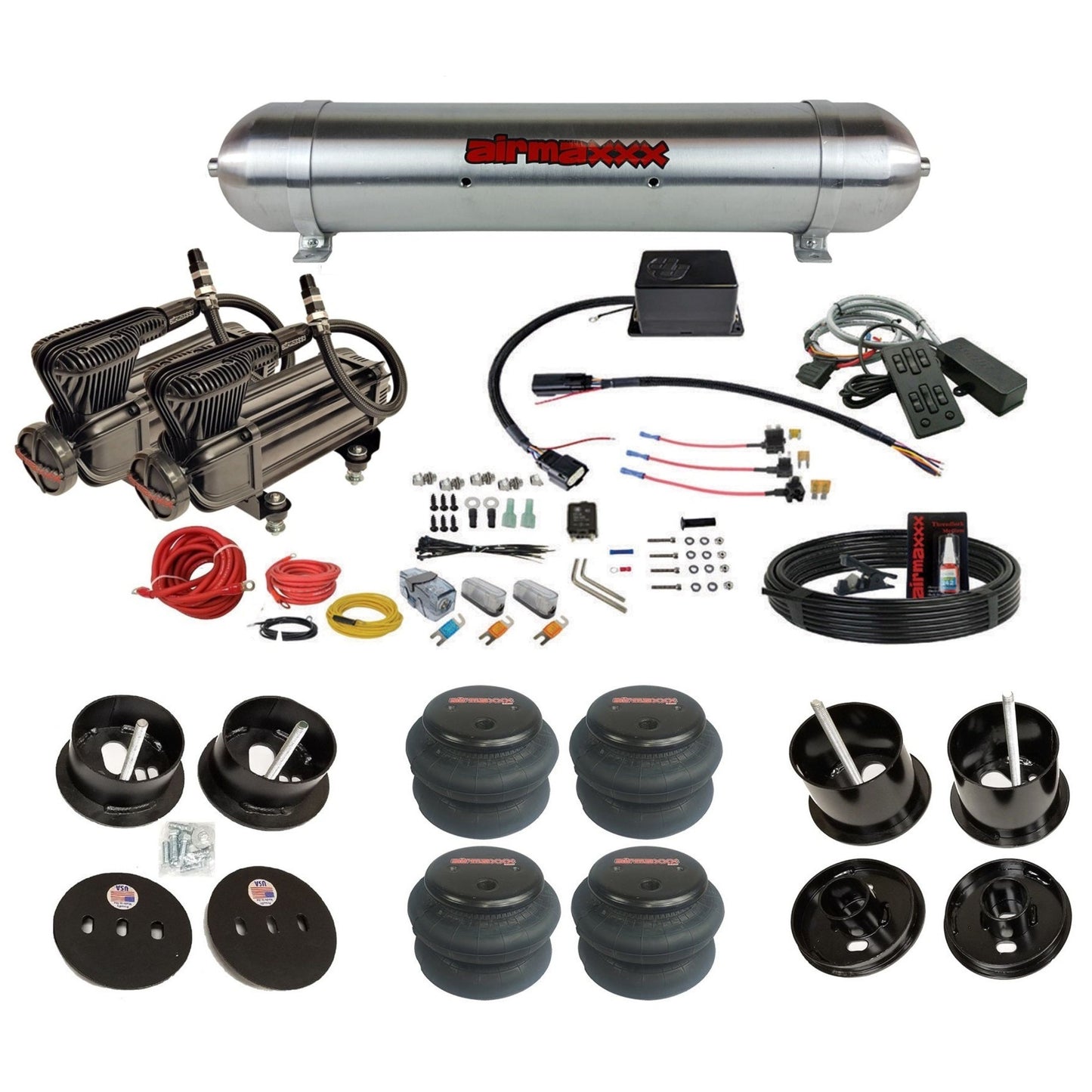 Slam Specialties dual x-series compressors raw aluminum tank 2600 bags air ride kit for 1961–62 Cadillac K-CAD6162-XB2-57ARW-SV8C-MC1-WK-HF