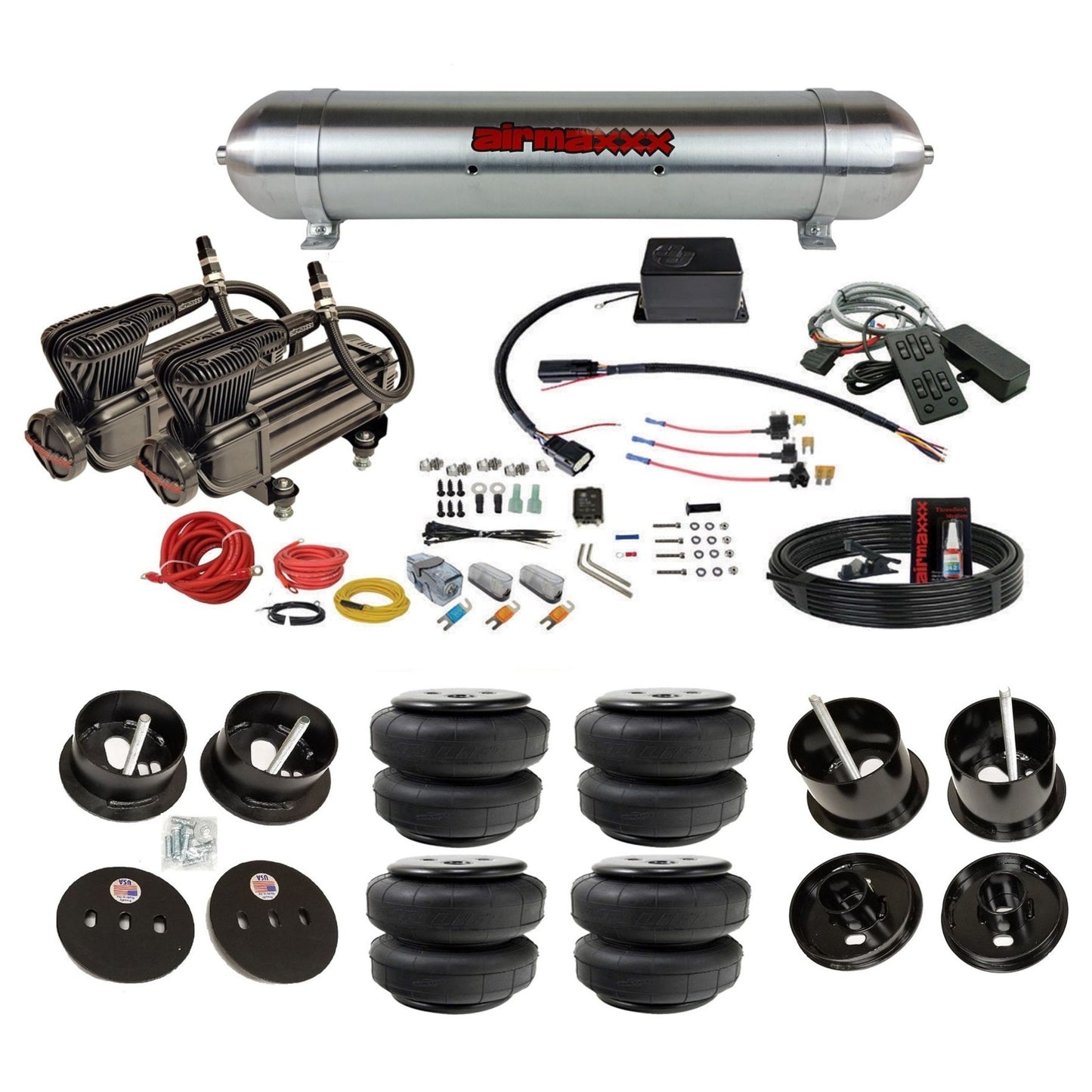 Slam Specialties dual x-series compressors raw aluminum tank airlift bags air ride kit for 1961–62 Cadillac K-CAD6162-XB2-57ARW-SV8C-MC1-WK-HFD25