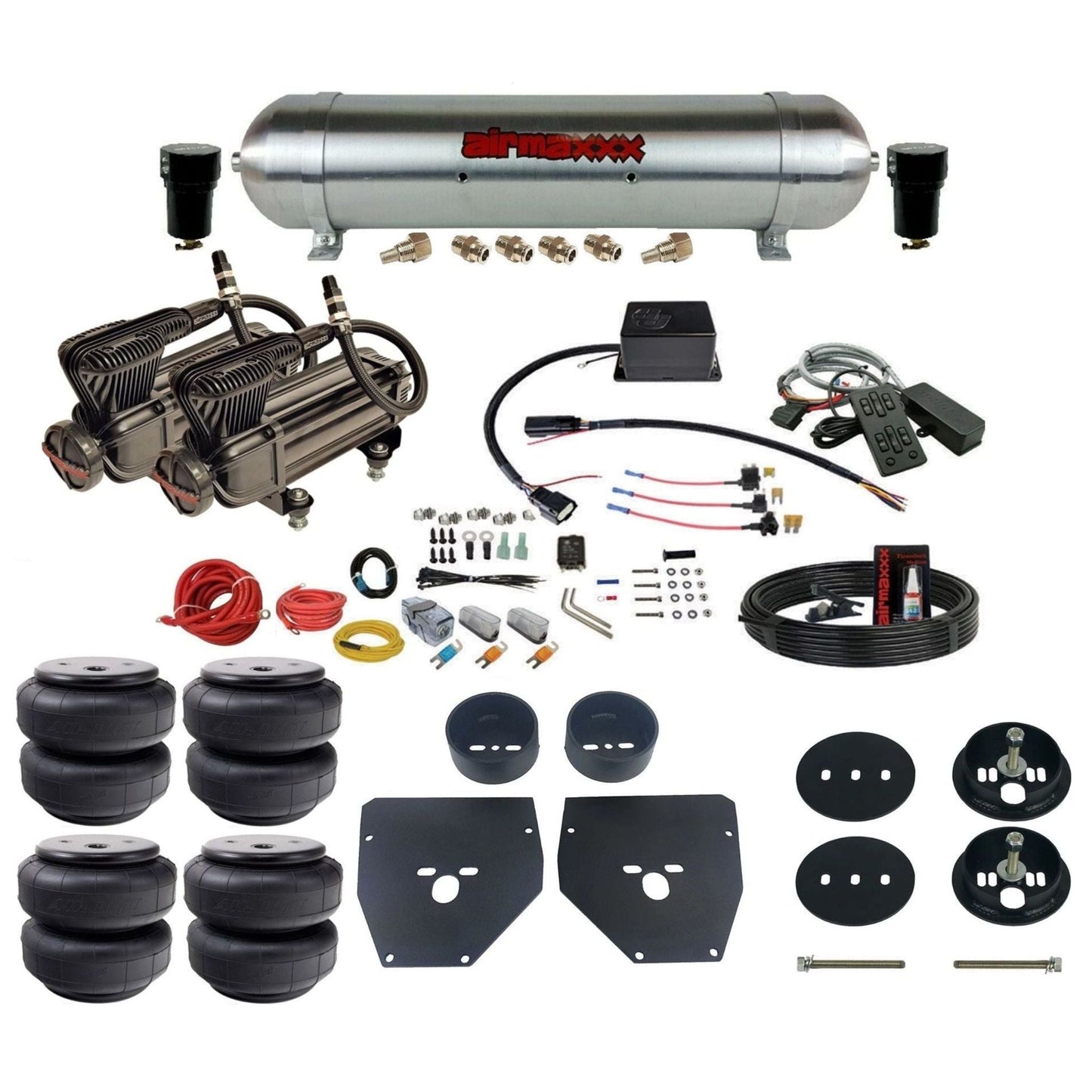 Slam Specialties dual x-series compressors raw aluminum tank airlift bags air ride kit for 1963–72 Chevy C10 KC1063-XB2-57ARAW-SV8CMC1-WK-HFD26