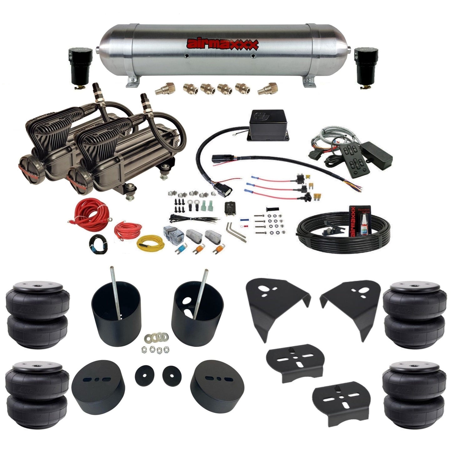 Slam Specialties dual x-series compressors raw aluminum tank airlift  bags air ride kit for 1988–98 Silverado 1500 KGM88-XB2-57ARW-SV8CMC1-WK-HFD26