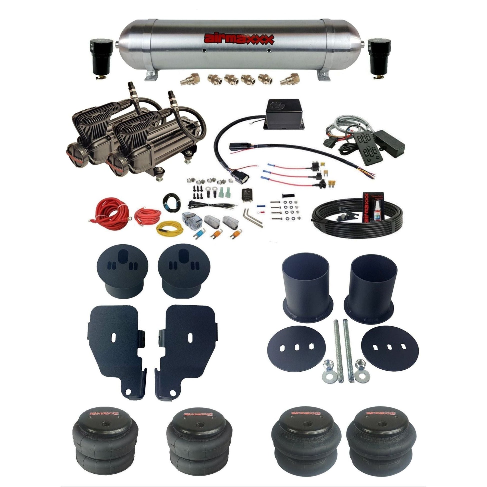Slam Specialties dual x-series  compressors raw aluminum tank & bags air ride kit for 1965–70 Impala KIMP65-XB2-57ARW-SV8CMC1-WK-HF