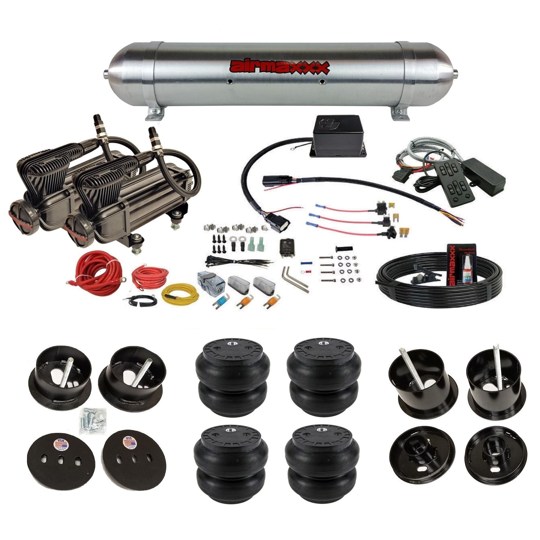 Slam Specialties dual x-series compressors raw aluminum tank slam bags air ride kit for 1961–62 Cadillac K-CAD6162-XB2-57ARW-SV8C-MC1-WK-HFSS7