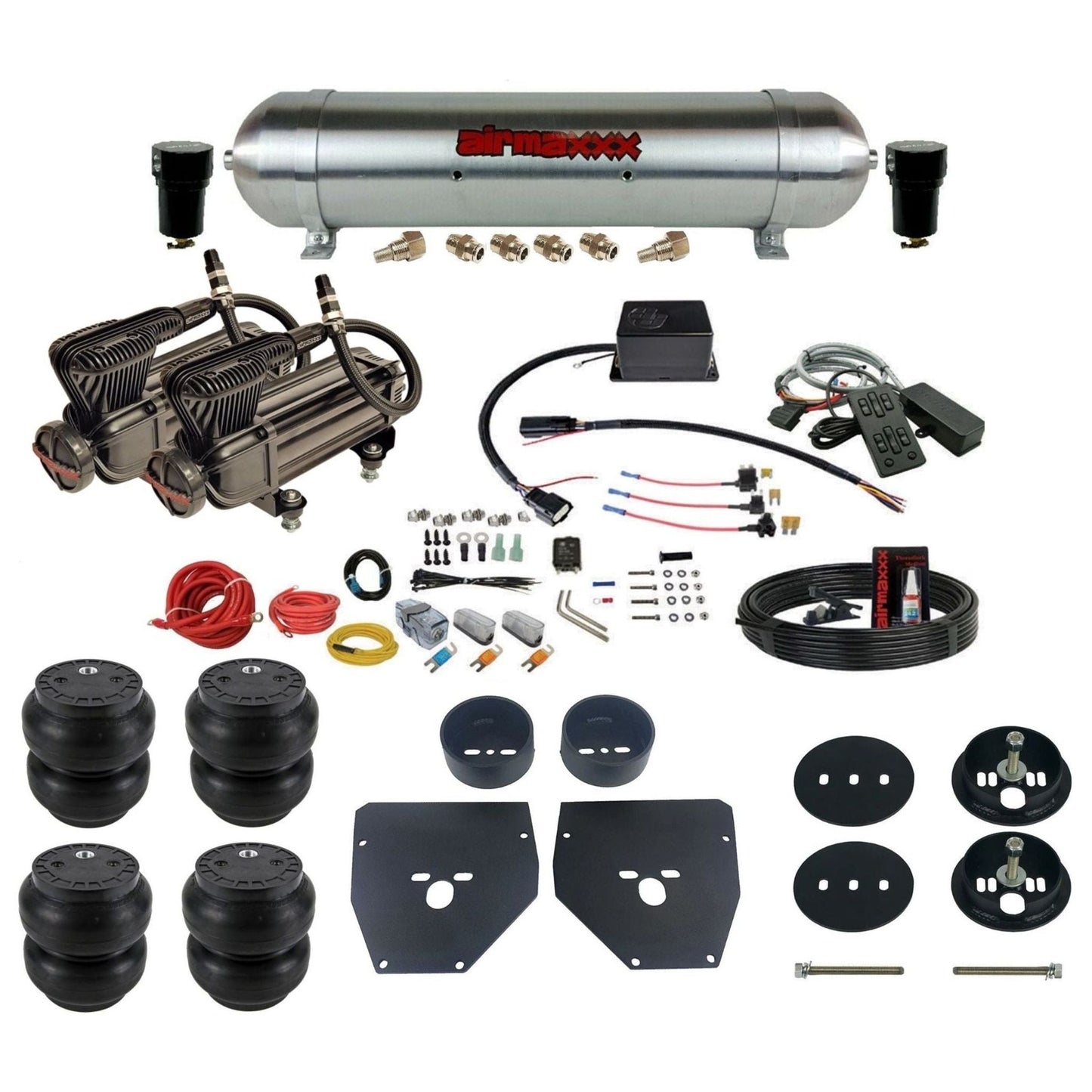 Slam Specialties dual x-series compressors raw aluminum tank slam bags air ride kit for 1963–72 Chevy C10 KC1063-XB2-57ARAW-SV8CMC1-WK-HFSS7