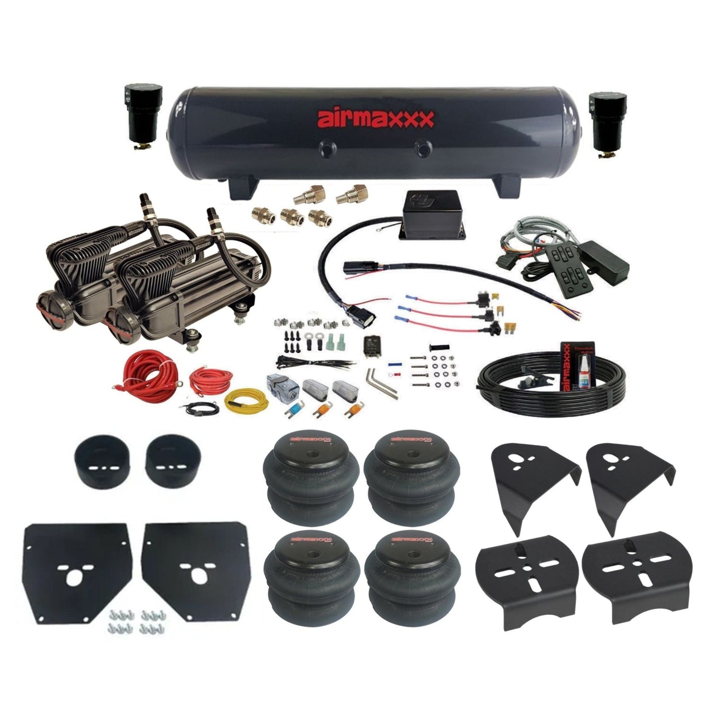 Slam Specialties dual x-series  compressors steel tank 2600 bags air ride kit fits 1973–87 Chevy/GMC C10 C1073-XB2-57S-SV8CMC1-WK-HF