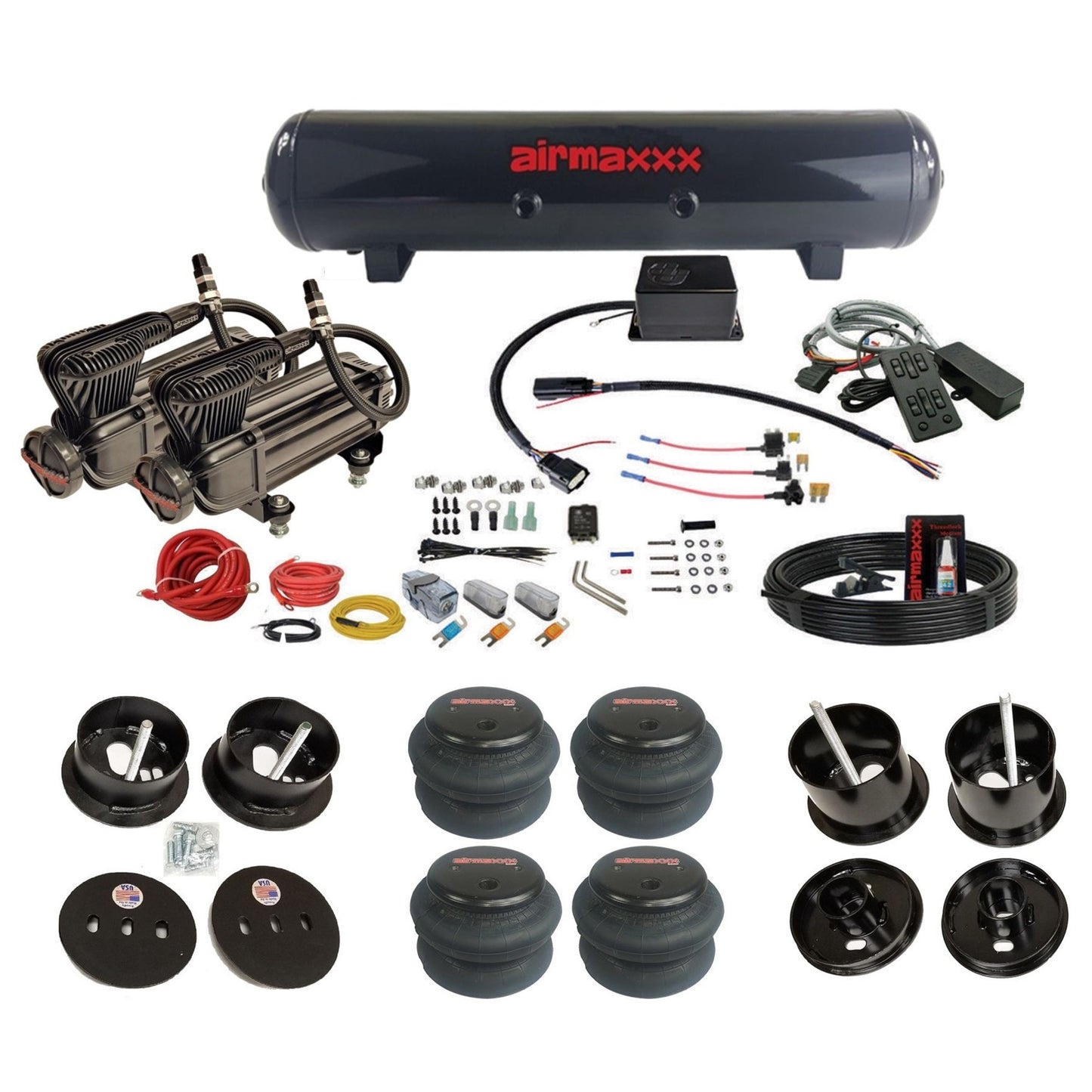 Slam Specialties dual x-series compressors steel tank 2600 bags air ride kit for 1961–62 Cadillac K-CAD6162-XB2-57S-SV8C-MC1-WK-HF