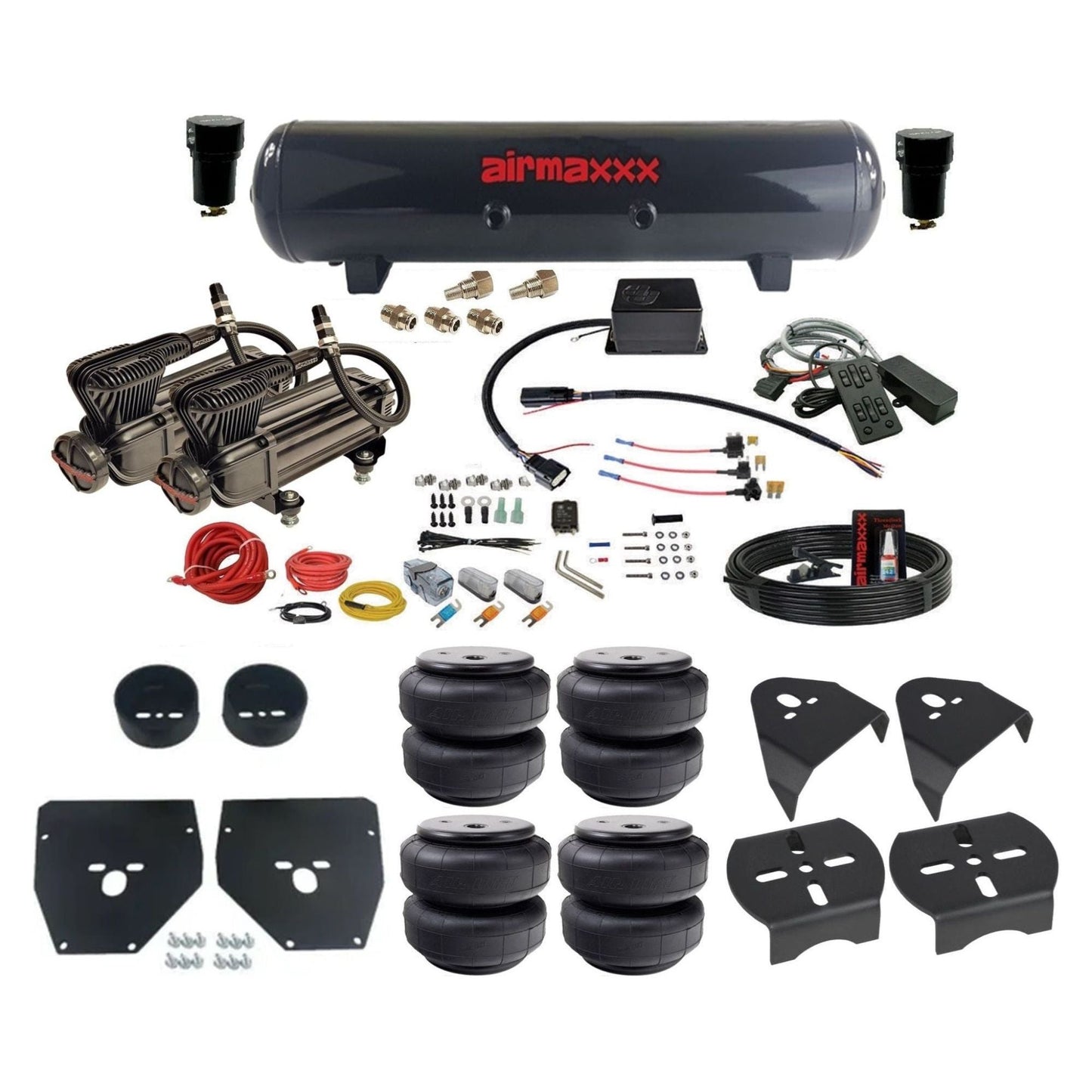 Slam Specialties dual x-series  compressors steel tank airlift bags air ride kit fits 1973–87 Chevy/GMC C10 C1073-XB2-57S-SV8CMC1-WK-HFD26