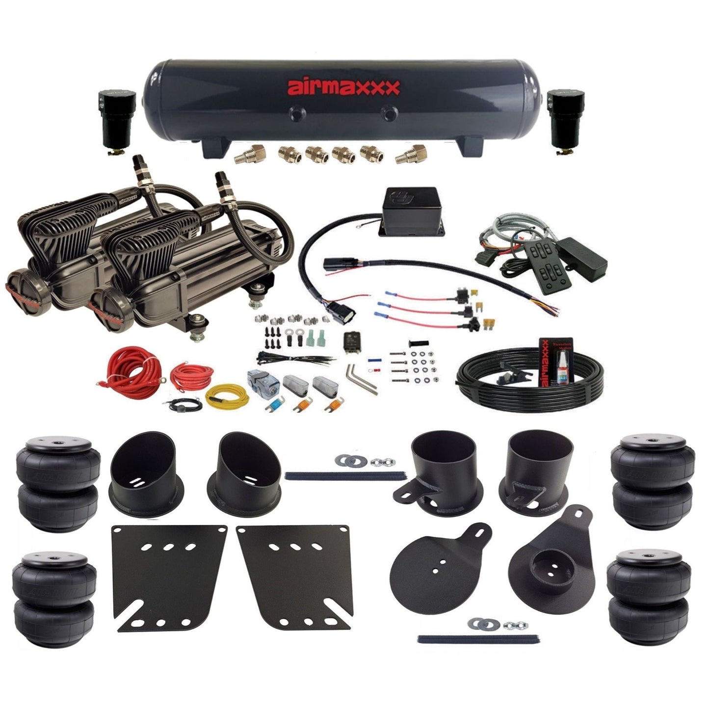 Slam Specialties dual x-series compressors steel tank airlift bags air ride kit for 1958–64 Chevy Impala IMP58-XB2-57S-SV8CMC1-WK-HFD25