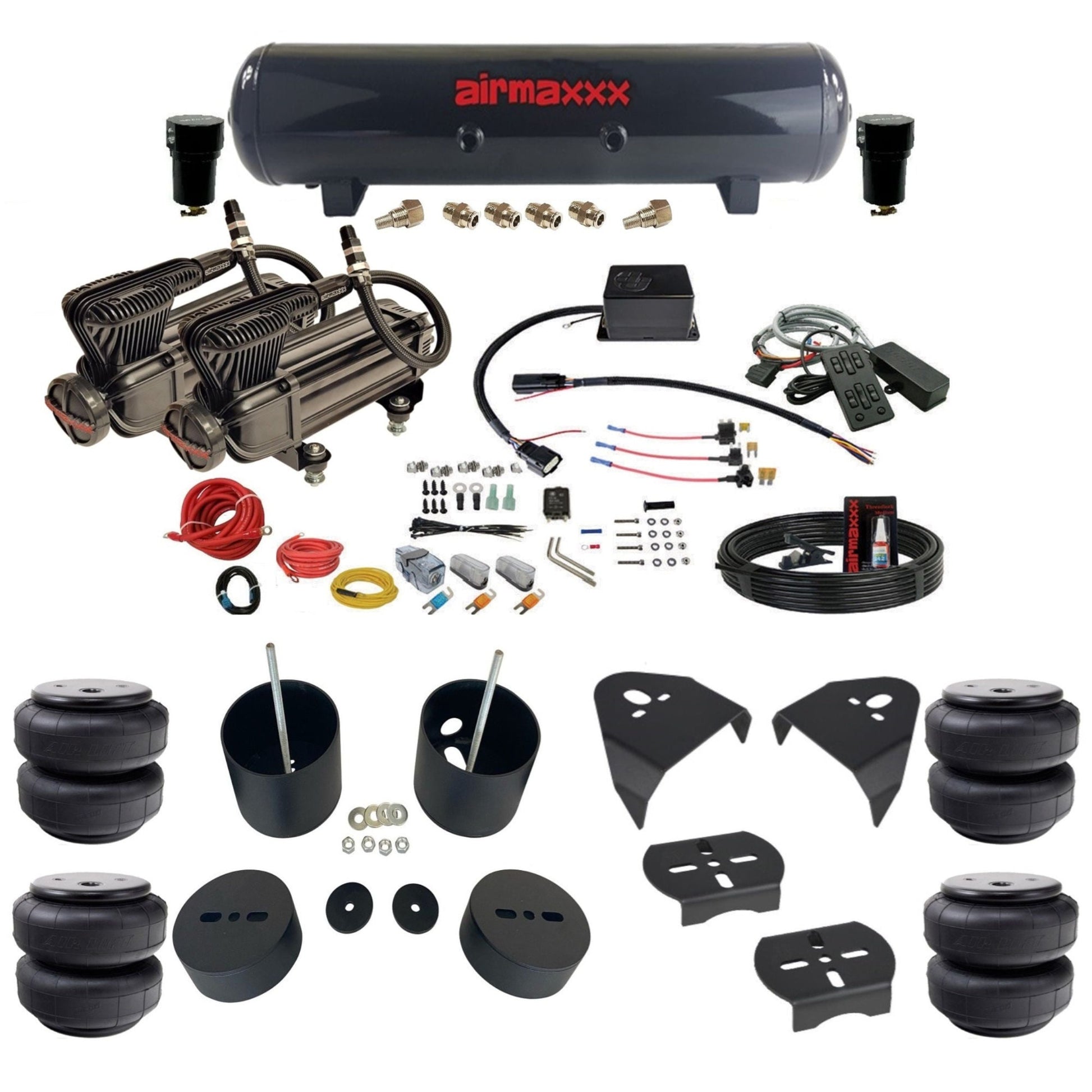 Slam Specialties dual x-series compressors steel tank airlift bags air ride kit for 1999–2006 Silverado/Sierra GM99-XB2-57S-SV8CMC1-WK-HFD26