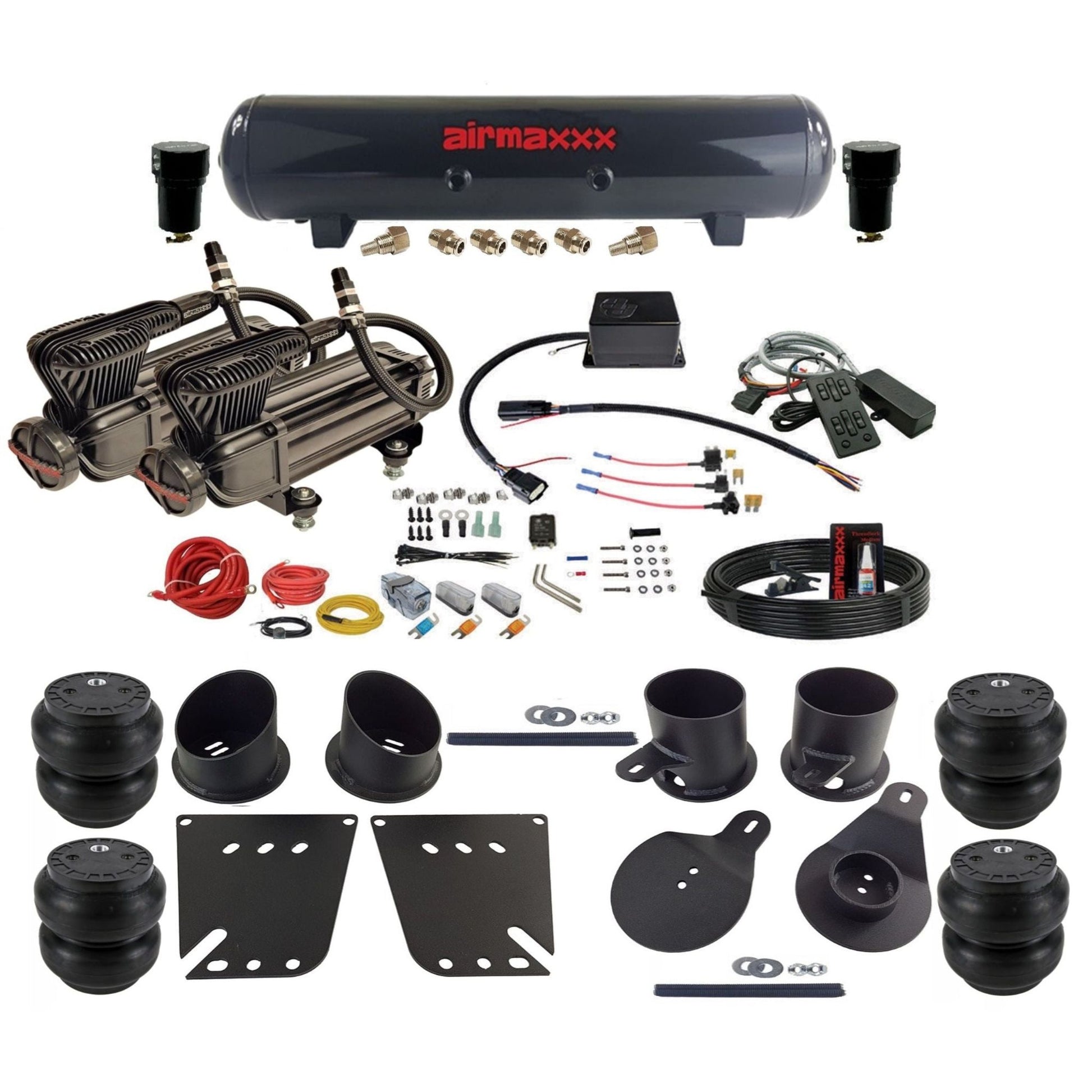 Slam Specialties dual x-series compressors steel tank slam bags air ride kit for 1958–64 Chevy Impala IMP58-XB2-57S-SV8CMC1-WK-HFSS7