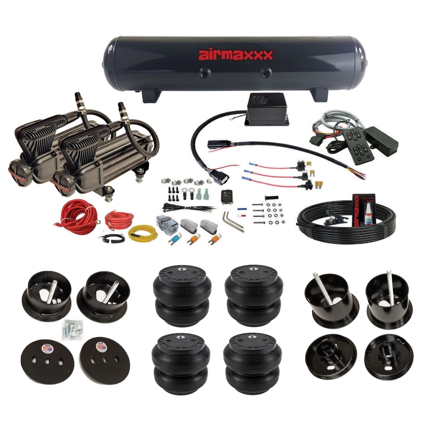 Slam Specialties dual x-series compressors steel tank slam bags air ride kit for 1961–62 Cadillac K-CAD6162-XB2-57S-SV8C-MC1-WK-HFSS7