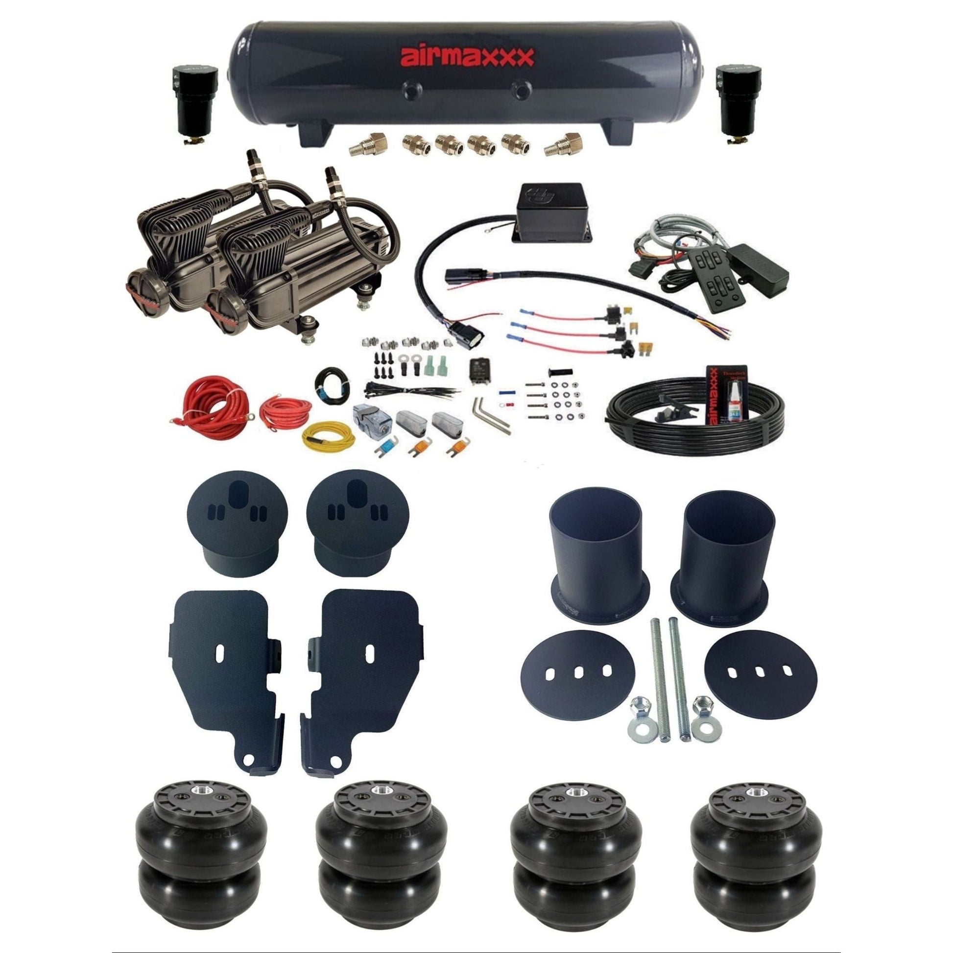 Slam Specialties dual x-series  compressors steel tank & slam bags air ride kit for 1965–70 Impala KIMP65-XB2-57S-SV8CMC1-WK-HFSS6