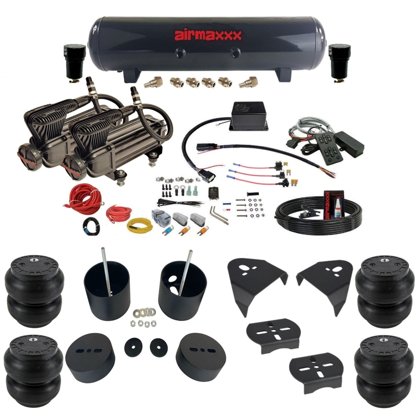 Slam Specialties dual x-series compressors steel tank slam bags air ride kit for 1999–2006 Silverado/Sierra GM99-XB2-57S-SV8CMC1-WK-HFSS7