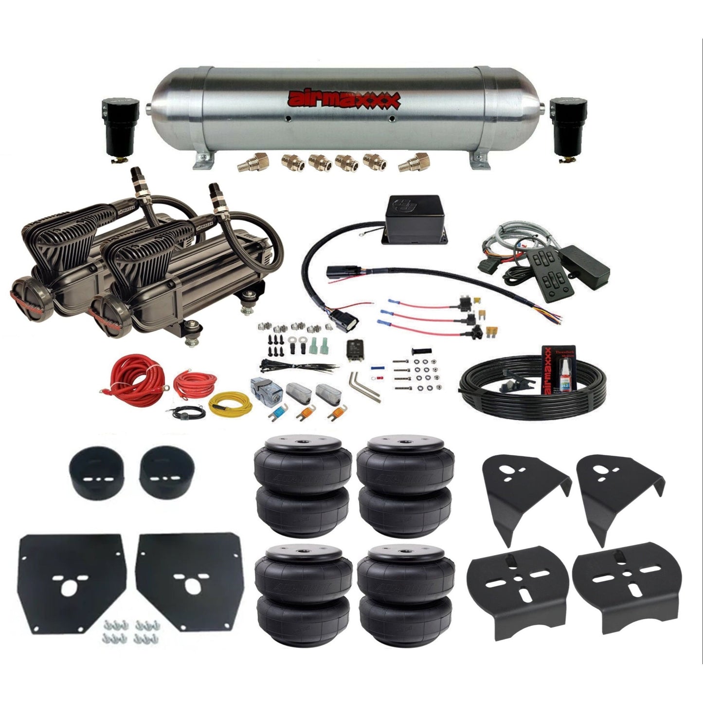 Slam Specialties x-series compressors raw aluminum tank airlift bags air ride kit for 1973–1987 Chevy C10 KC1073-XB2-57ARAW-SV8CMC1-WK-HFD26