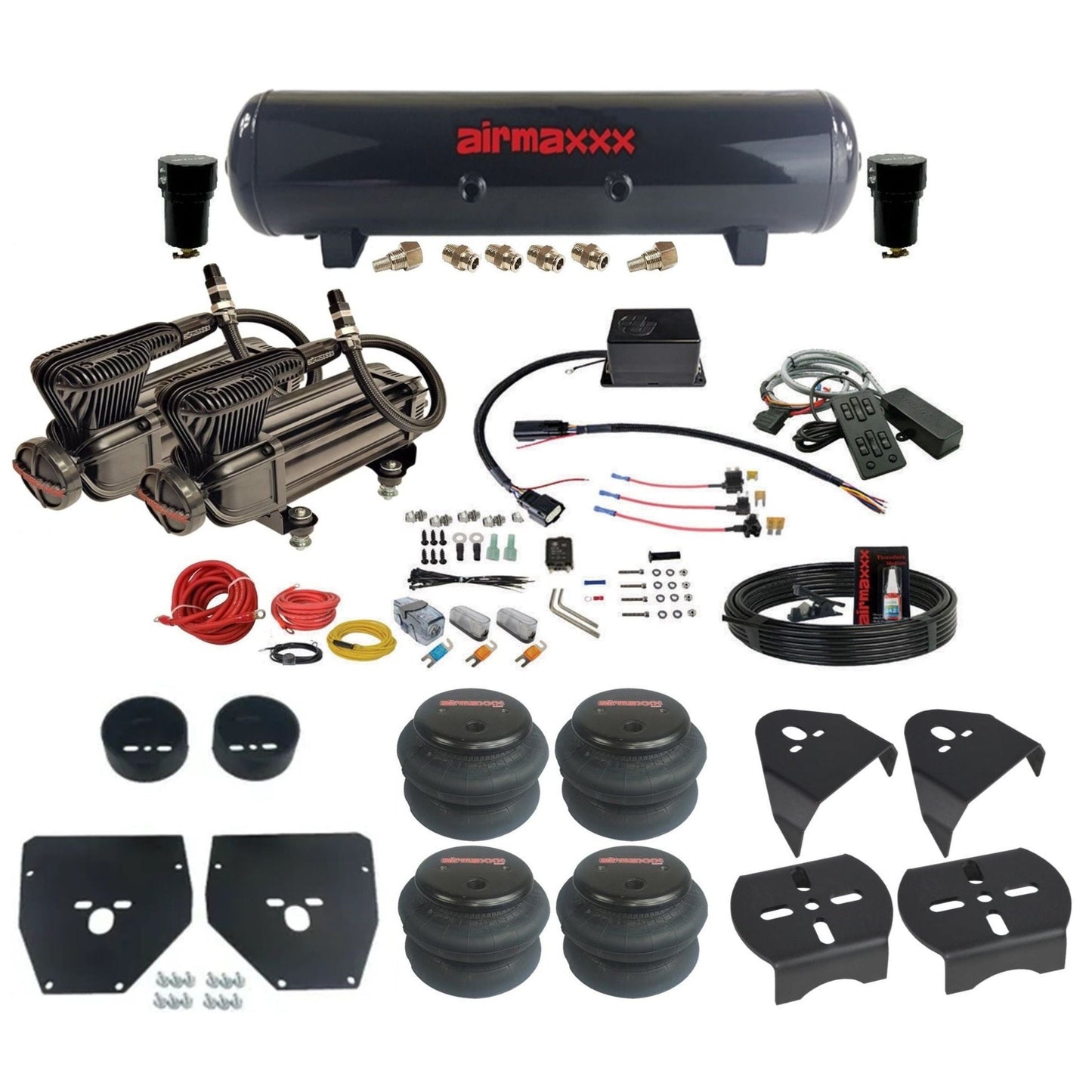 Slam Specialties x-series compressors steel tank 2600 bags air ride kit for 1973–1987 Chevy C10 KC1073-XB2-57S-SV8CMC1-WK-HF