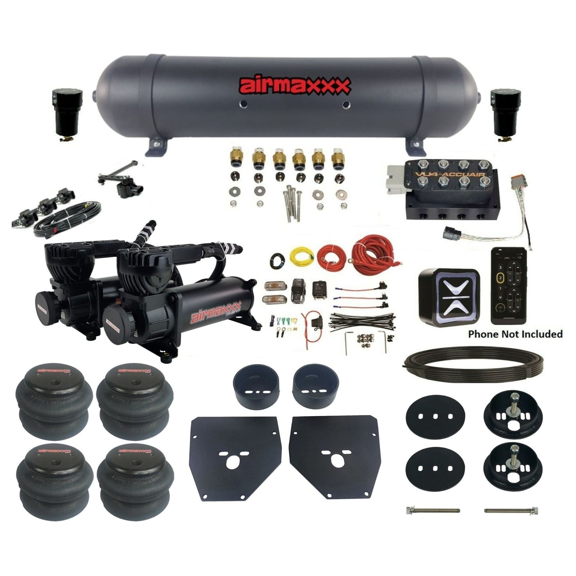 accuair e-level pressure+ vu4 dual 580 black compressors aluminum tank 2600 bags air ride kit for 1963-1972 chevy c10 KC1063-580B2-57ARW-VU4EHT-WK-HF 