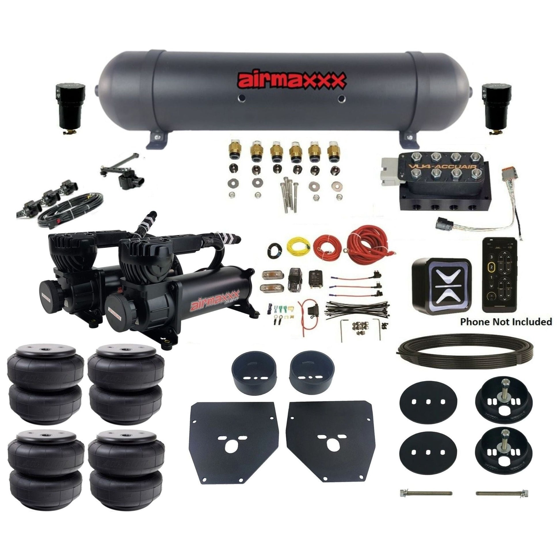 accuair e-level pressure+ vu4 dual 580 black compressors aluminum tank airlift bags air ride kit for 1963-1972 chevy c10 KC1063-580B2-57ARW-VU4EHT-WK-HFD26
