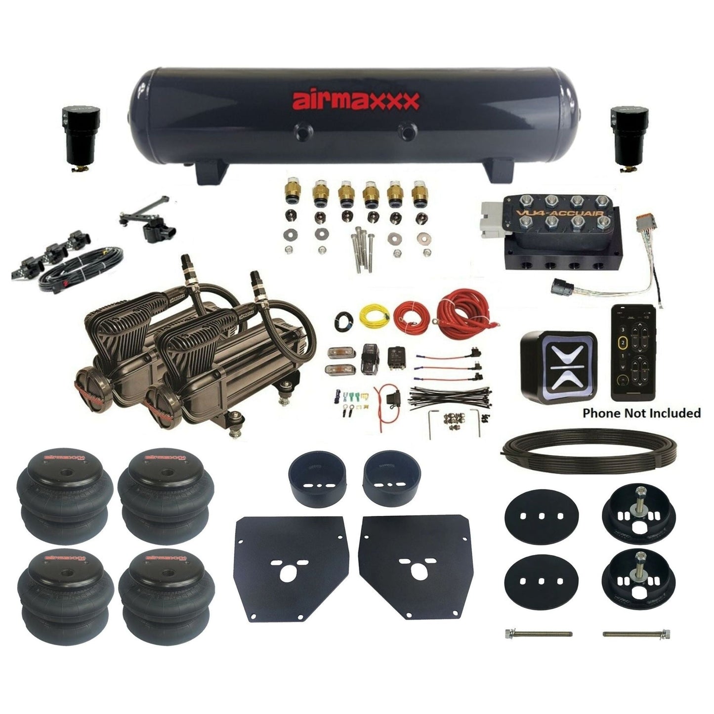 accuair e-level pressure+ vu4 dual x-series compressors steel tank 2600 bags air ride kit for 1963-1972 chevy c10 KC1063-X2B-57S-VU4EHT-WK-HF 