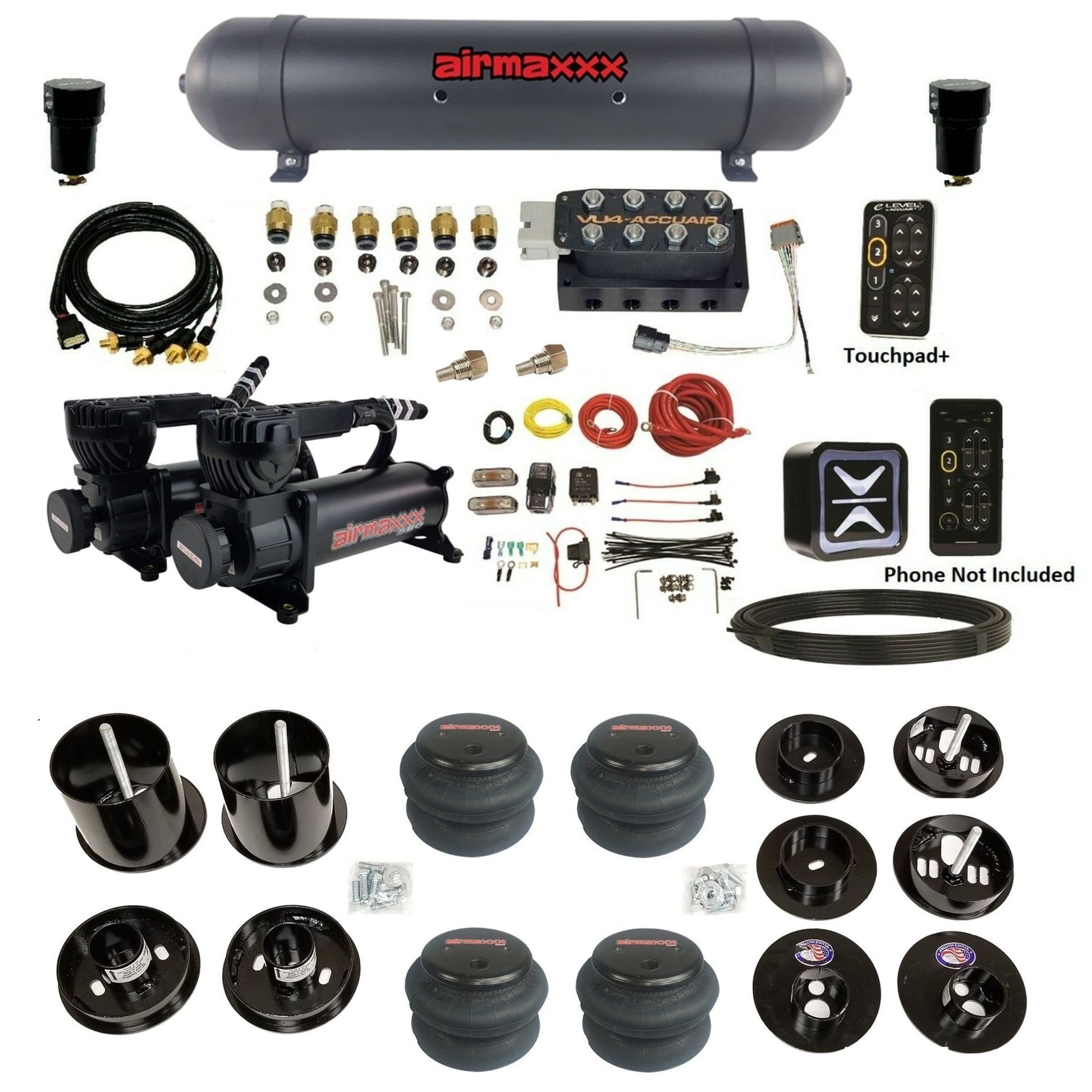 accuair e+ connect height+ vu4 dual 580 black compressors aluminum tank 2600 bags air ride kit for 1965-1970 cadillac KCAD65-580B2-57ABK-VU4EPT-WK-HF