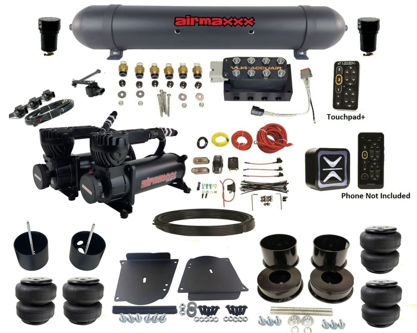 accuair e+ connect height+ vu4 dual 580 black compressors aluminum tank & airlift bags air ride kit for 1964-1972 gm a-body KABDY-580B2-57ABK-VU4EHT-WK-HFD25
