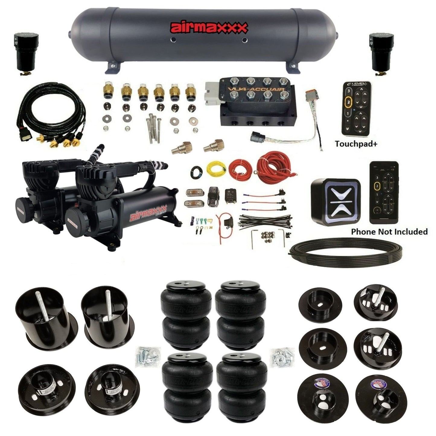 accuair e+ connect height+ vu4 dual 580 black compressors aluminum tank airlift bags air ride kit for 1965-1970 cadillac KCAD65-580B2-57ABK-VU4EPT-WK-HFD25