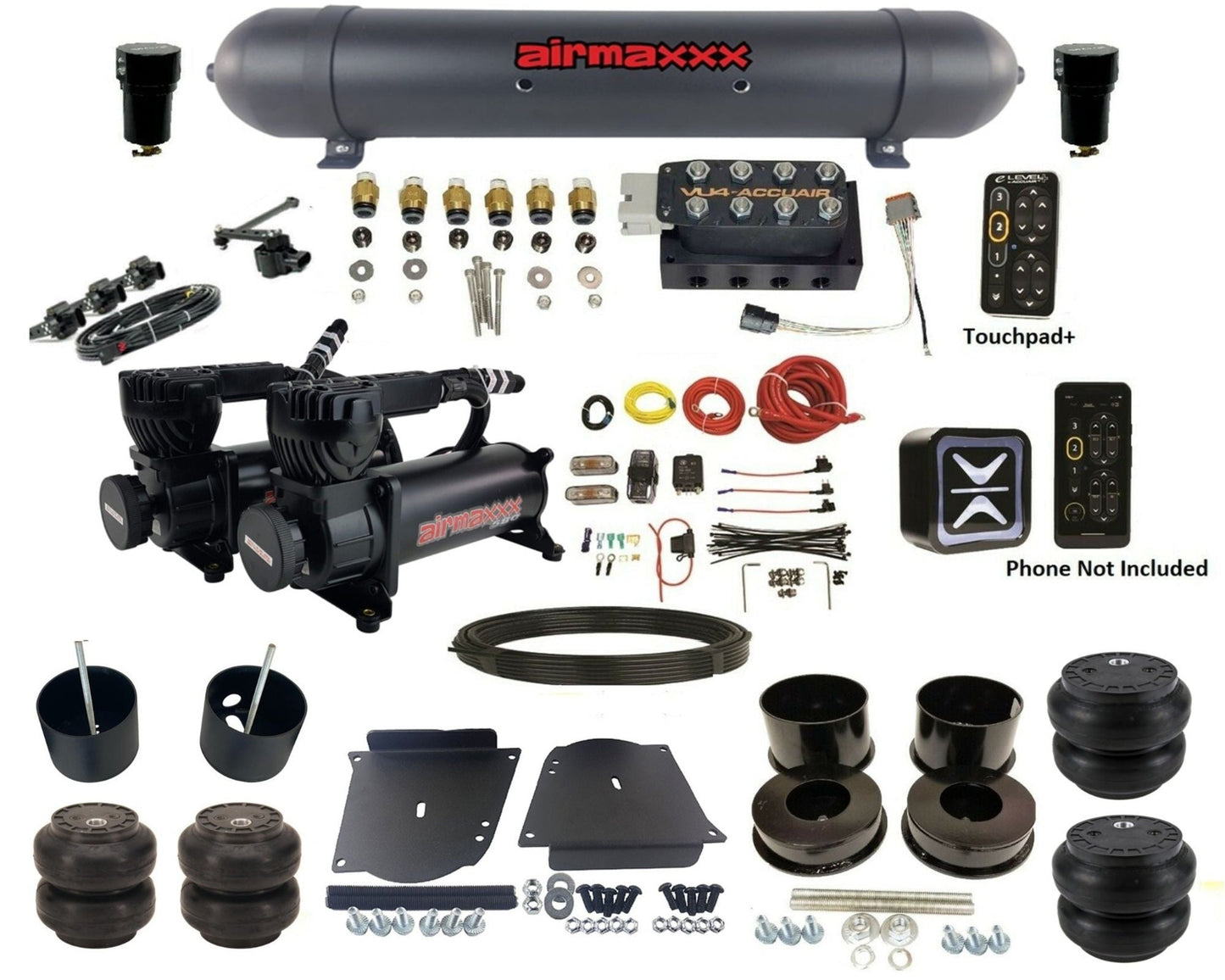 accuair e+ connect height+ vu4 dual 580 black compressors aluminum tank & slam bags air ride kit for 1964-1972 gm a-body KABDY-580B2-57ABK-VU4EHT-WK-HFSS6SS7