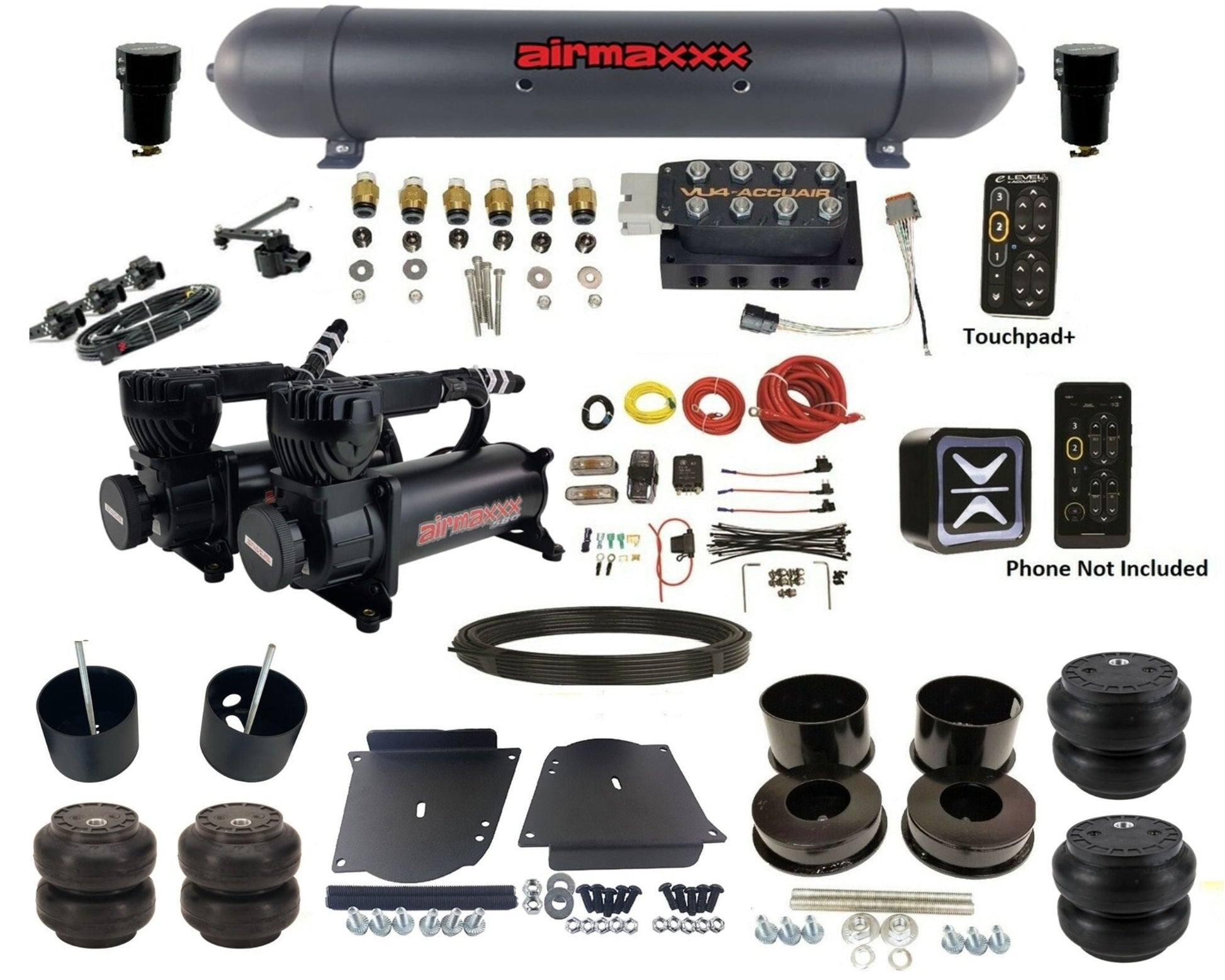 accuair e+ connect height+ vu4 dual 580 black compressors aluminum tank & slam bags air ride kit for 1964-1972 gm a-body KABDY-580B2-57ABK-VU4EHT-WK-HFSS6SS7