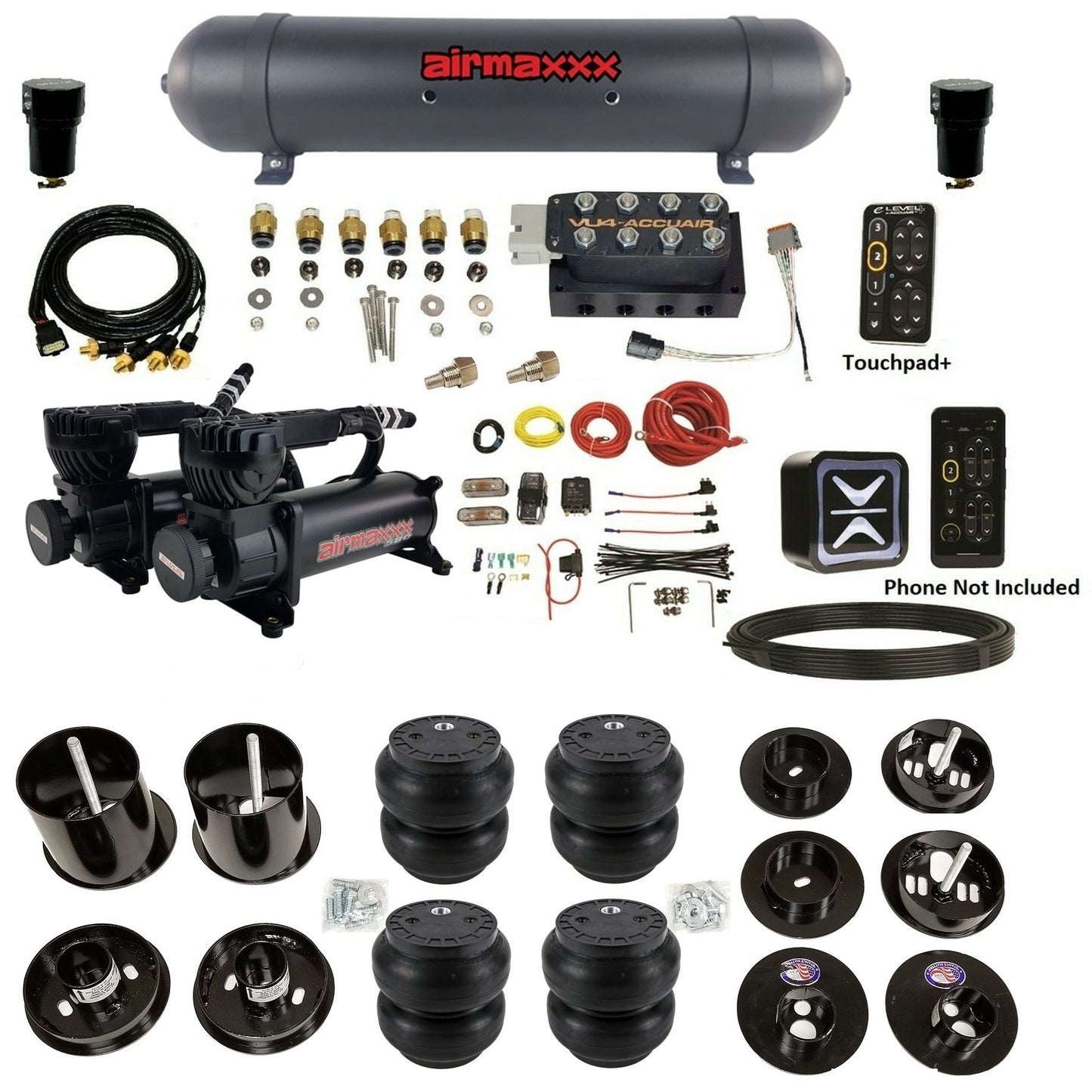 accuair e+ connect height+ vu4 dual 580 black compressors aluminum tank slam bags air ride kit for 1965-1970 cadillac KCAD65-580B2-57ABK-VU4EPT-WK-HFSS7