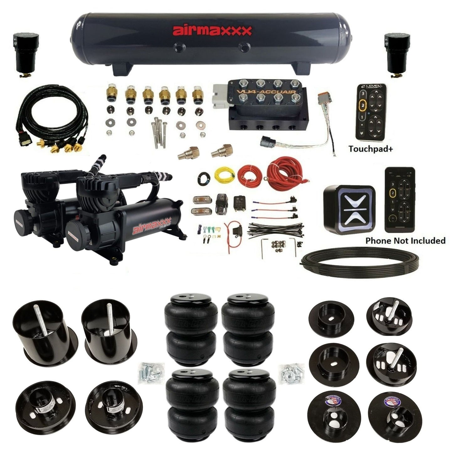 accuair e+ connect height+ vu4 dual 580 black compressors steel tank airlift bags air ride kit for 1965-1970 cadillac KCAD65-580B2-57S-VU4EPT-WK-HFD25