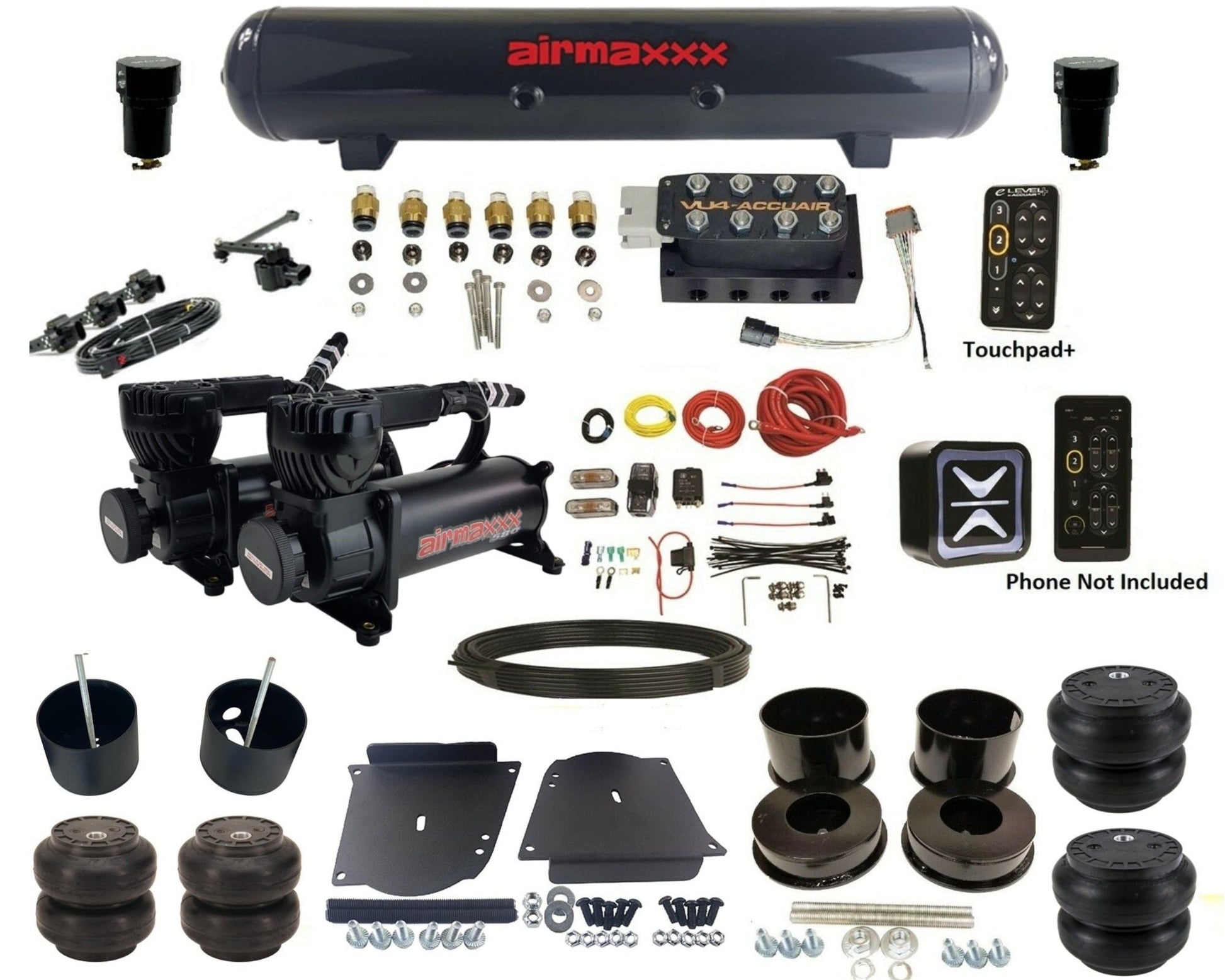 accuair e+ connect height+ vu4 dual 580 black compressors steel tank & slam bags air ride kit for 1964-1972 gm a-body KABDY-580B2-57S-VU4EHT-WK-HFSS6SS7