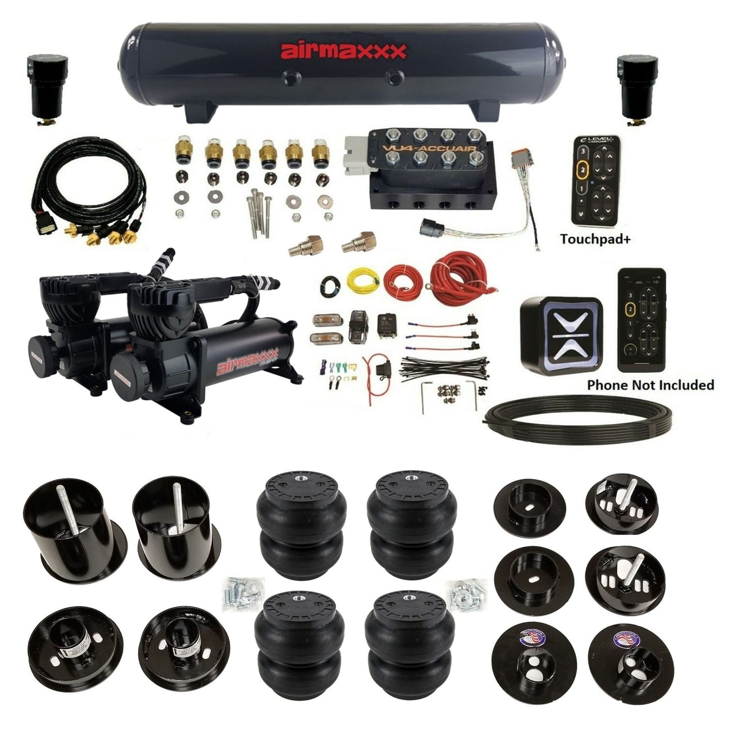 accuair e+ connect height+ vu4 dual 580 black compressors steel tank slam bags air ride kit for 1965-1970 cadillac KCAD65-580B2-57S-VU4EPT-WK-HFSS7