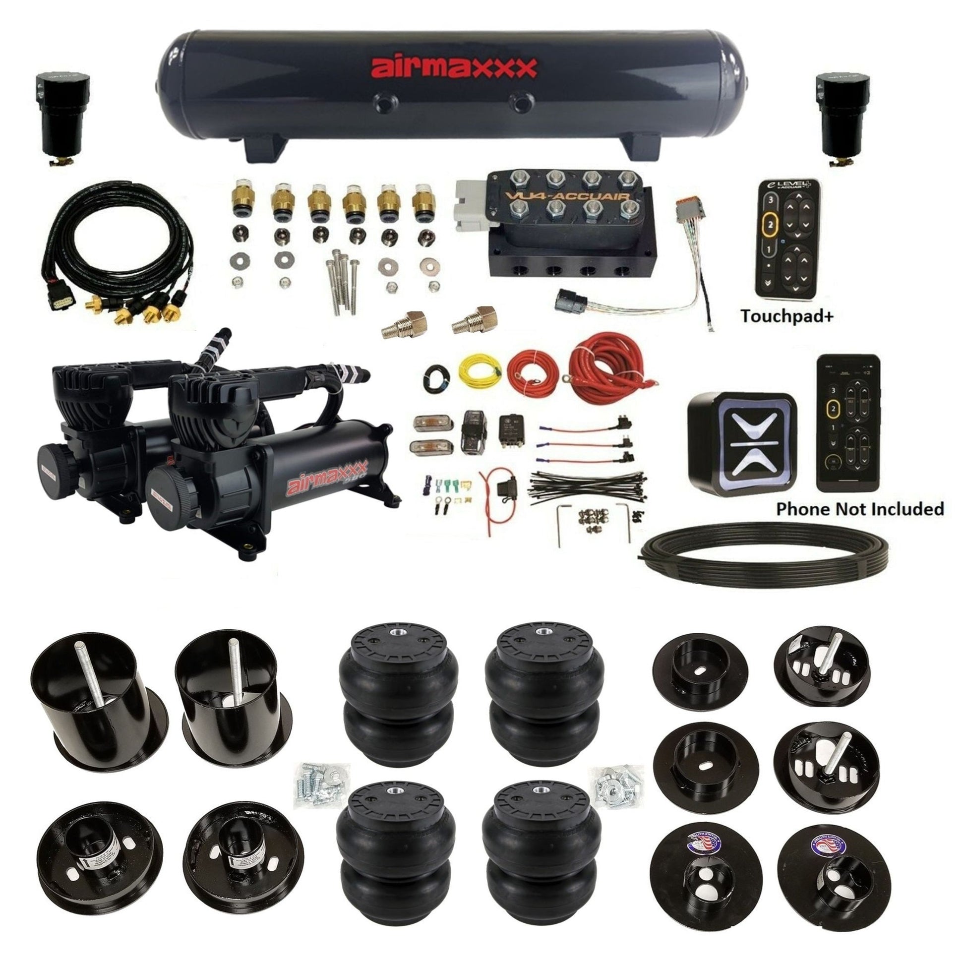 accuair e+ connect height+ vu4 dual 580 black compressors steel tank slam bags air ride kit for 1965-1970 cadillac KCAD65-580B2-57S-VU4EPT-WK-HFSS7