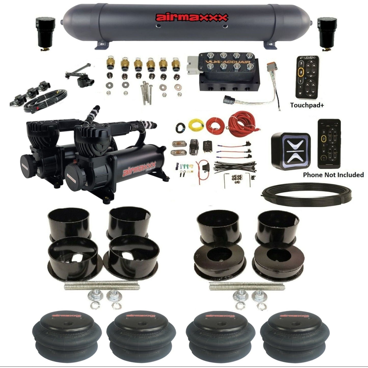 accuair e+ connect height+ vu4 dual black 580 compressors 2600 bags aluminum tank air ride kit for 1971-1996 gm b-body KBBDY-580B2-57ABK-VU4EHT-WK-HF