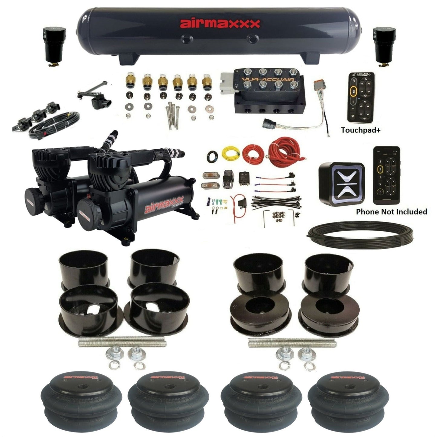 accuair e+ connect height+ vu4 dual black 580 compressors 2600 bags steel tank air ride kit for 1971-1996 gm b-body KBBDY-580B2-57S-VU4EHT-WK-HF