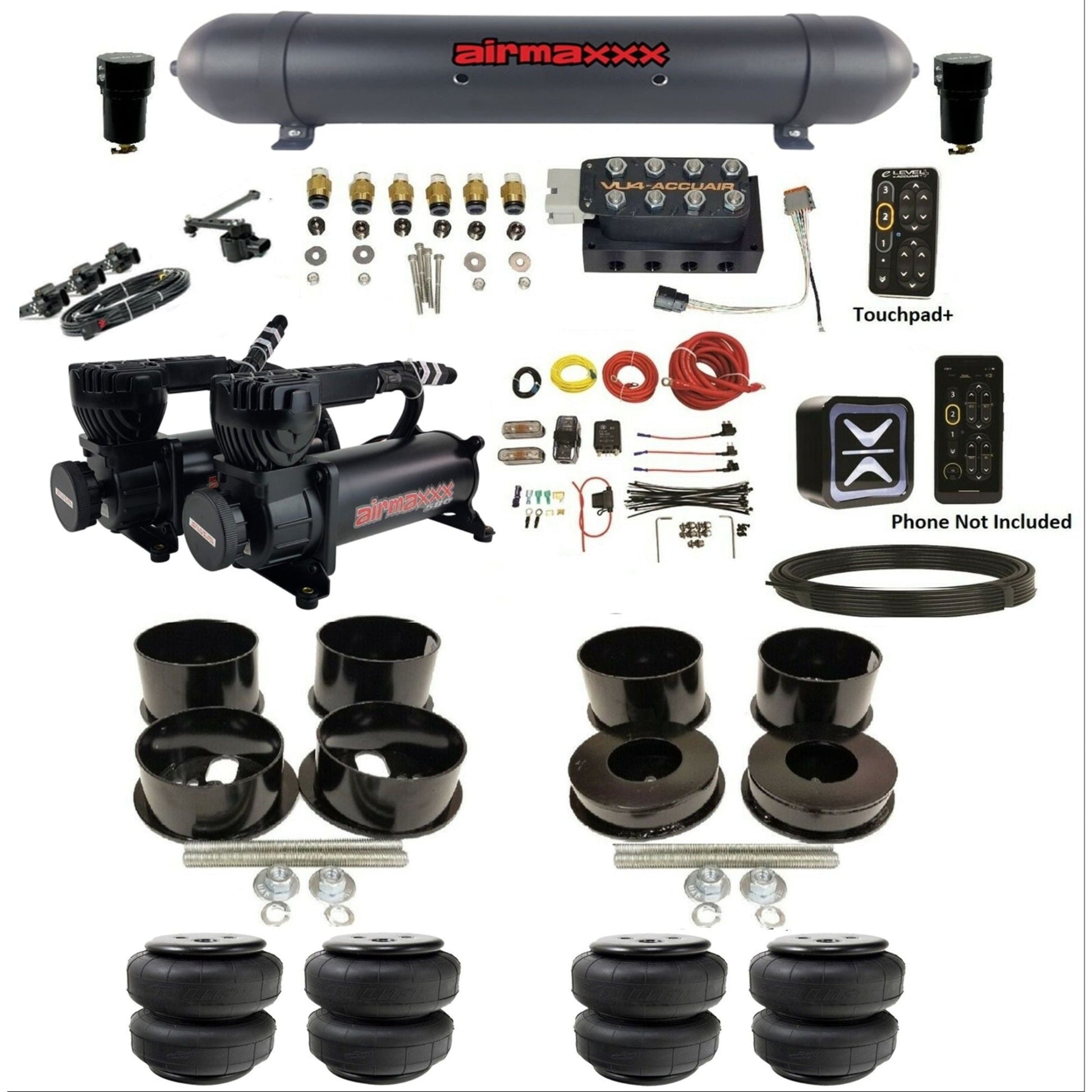 accuair e+ connect height+ vu4 dual black 580 compressors airlift bags aluminum tank air ride kit for 1971-1996 gm b-body KBBDY-580B2-57ABK-VU4EHT-WK-HFD25