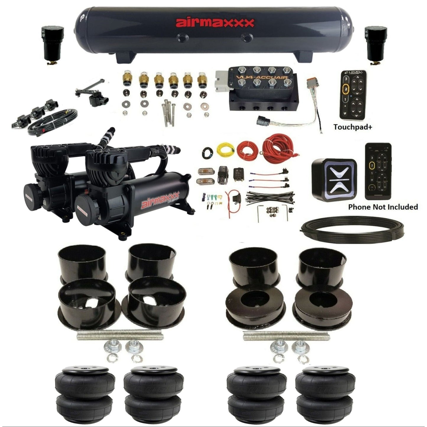 accuair e+ connect height+ vu4 dual black 580 compressors airlift bags steel tank air ride kit for 1971-1996 gm b-body KBBDY-580B2-57S-VU4EHT-WK-HFD25