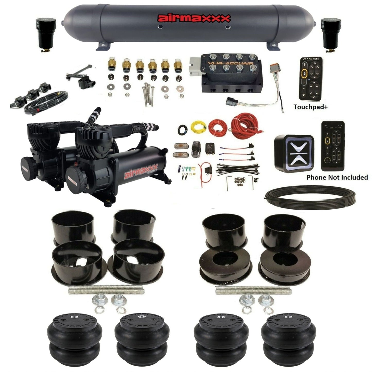 accuair e+ connect height+ vu4 dual black 580 compressors slam bags aluminum tank air ride kit for 1971-1996 gm b-body KBBDY-580B2-57ABK-VU4EHT-WK-HFSS7