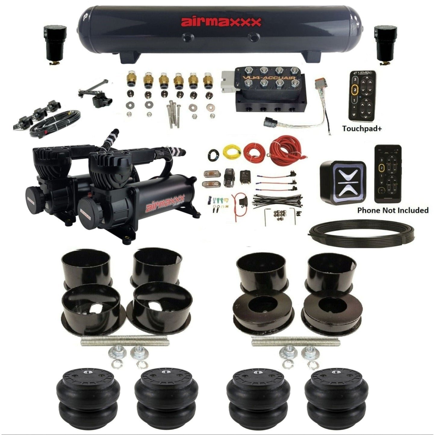accuair e+ connect height+ vu4 dual black 580 compressors slam bags steel tank air ride kit for 1971-1996 gm b-body KBBDY-580B2-57S-VU4EHT-WK-HFSS7