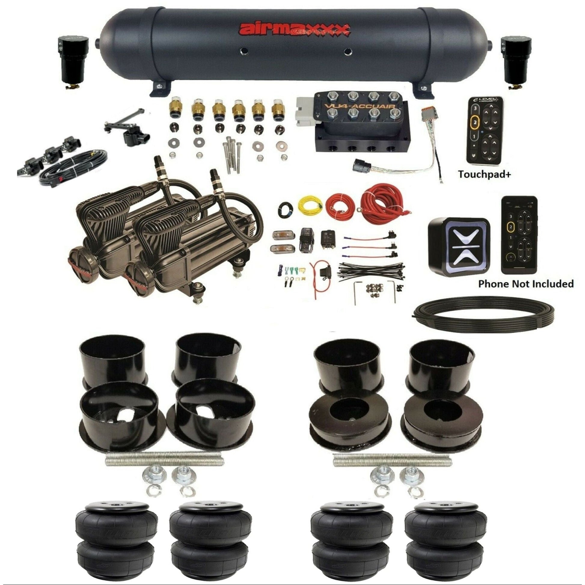 accuair e+ connect height+ vu4 dual x-series compressors airlift bags aluminum tank air ride kit for 1971-1996 gm b-body KBBDY-X2B-57ABK-VU4EHT-WK-HFD25