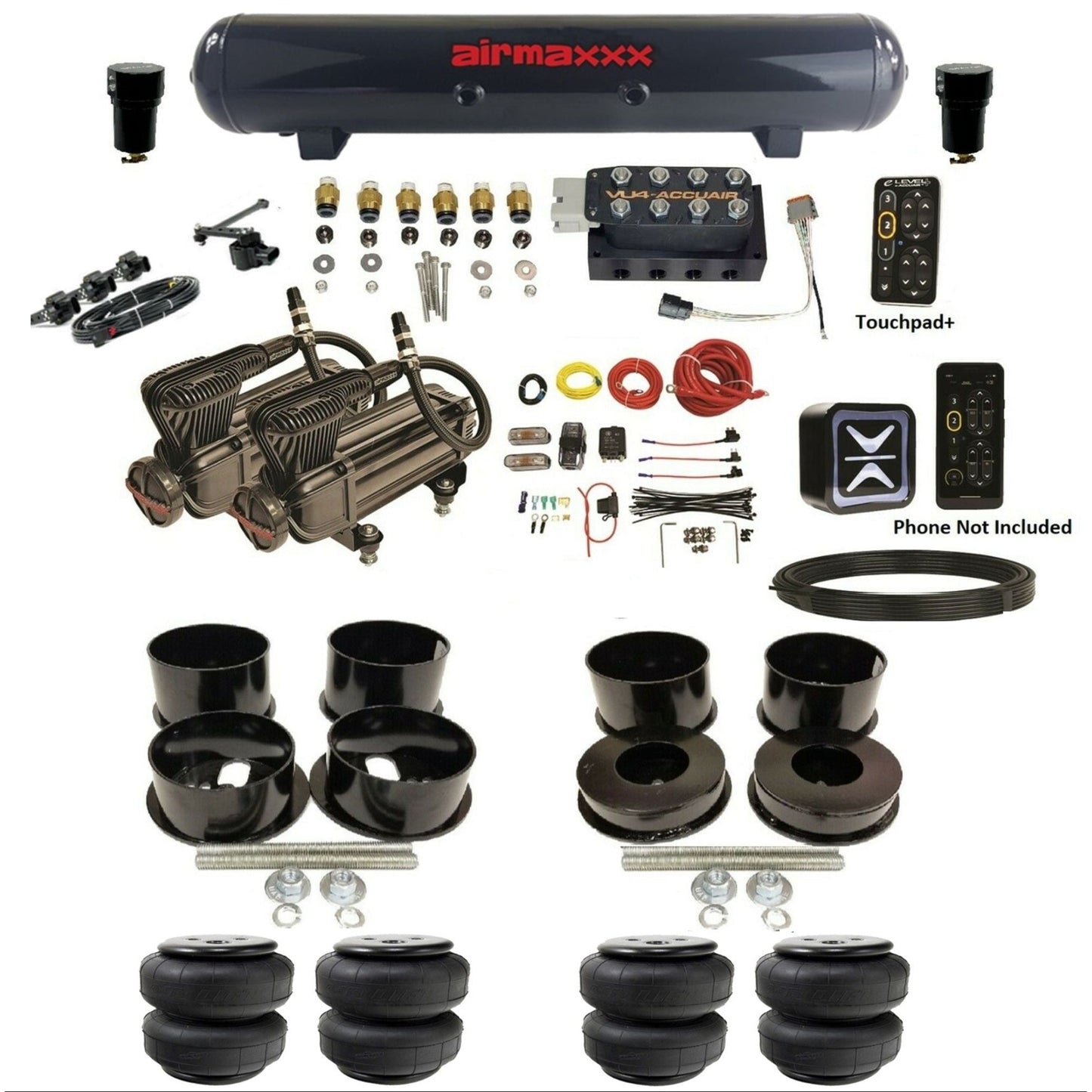 accuair e+ connect height+ vu4 dual x-series compressors airlift bags steel tank air ride kit for 1971-1996 gm b-body KBBDY-X2B-57S-VU4EHT-WK-HFD25 