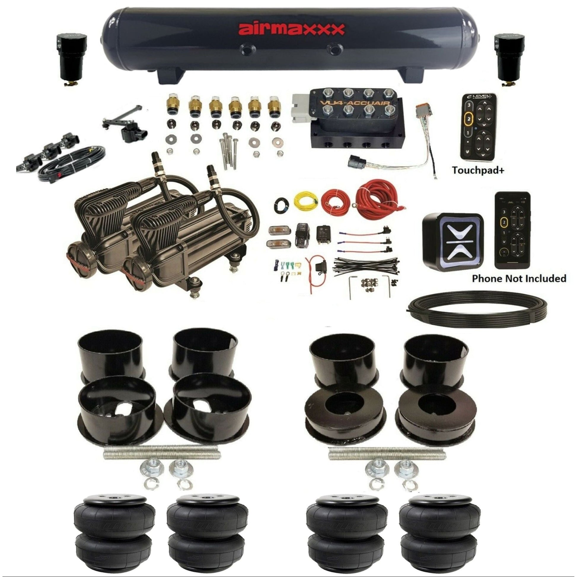 accuair e+ connect height+ vu4 dual x-series compressors airlift bags steel tank air ride kit for 1971-1996 gm b-body KBBDY-X2B-57S-VU4EHT-WK-HFD25 