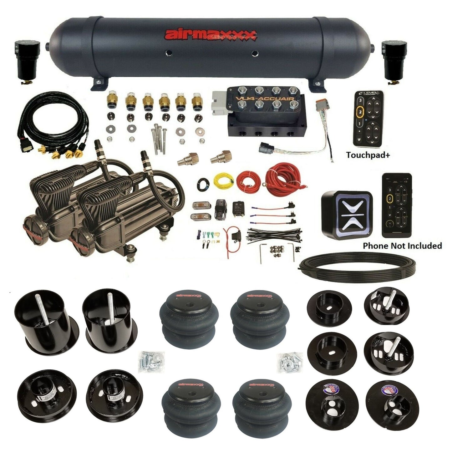 accuair e+ connect height+ vu4 dual x-series compressors aluminum tank 2600 bags air ride kit for 1965-1970 cadillac KCAD65-X2B-57ABK-VU4EPT-WK-HF
